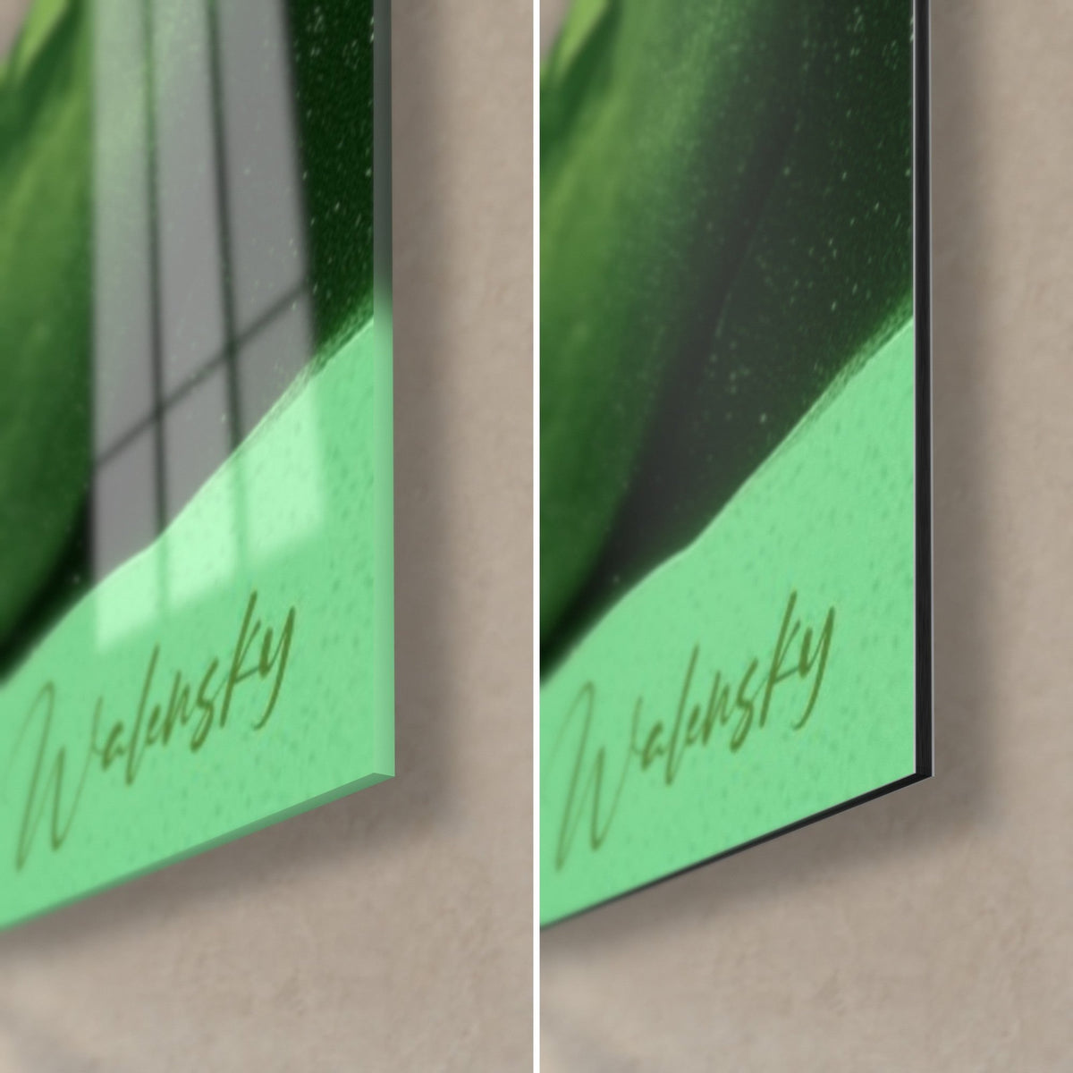 Quadro di un hamburger verde, angolo in basso a destra: vetro acrilico lucido con riflessi, Dibond nero opaco, bordo da 3 mm e firma Walensky