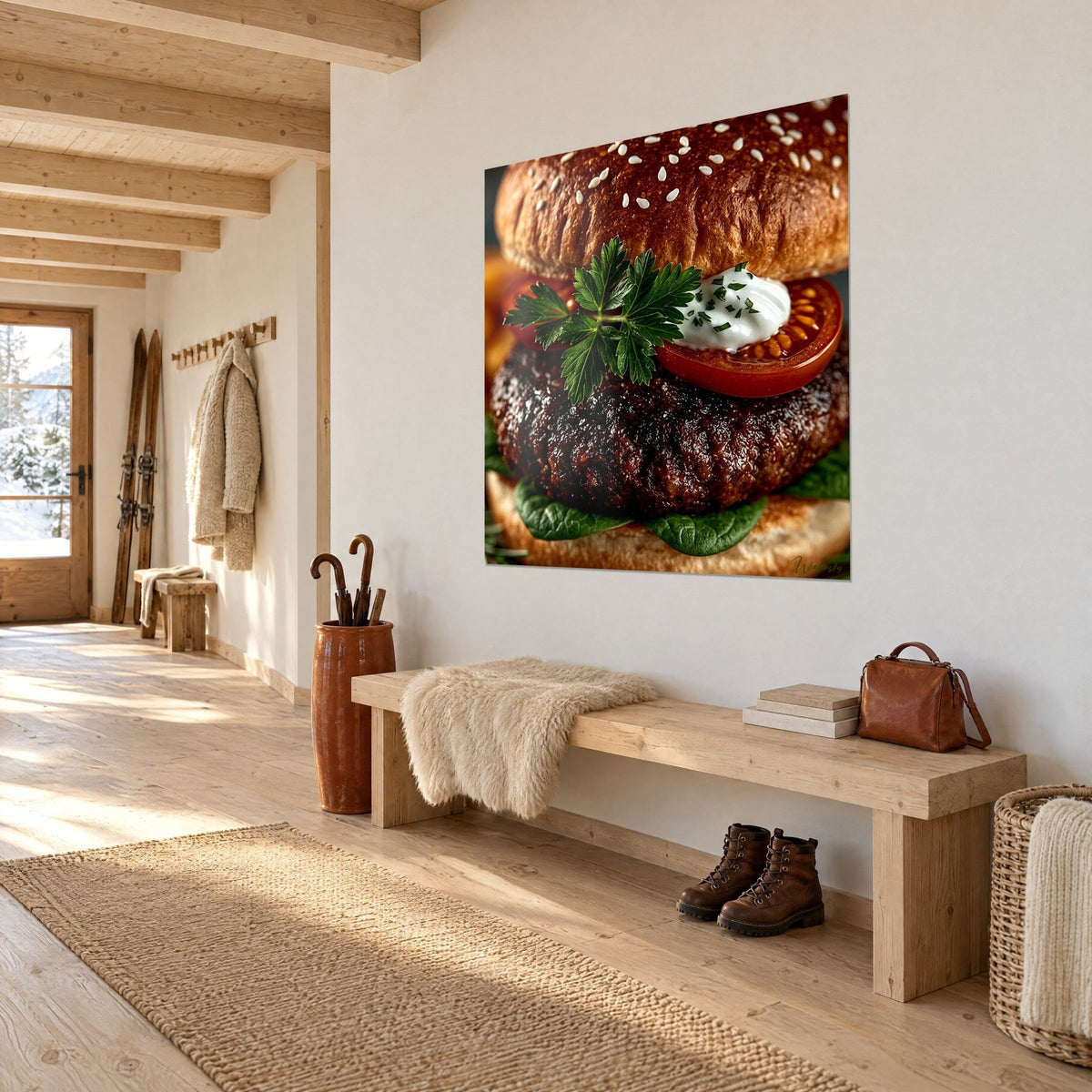 Tableau steak grillé caramélisé sous un pain doré aux graines de sésame, tomate rouge, vue de trois-quarts dans un couloir de chalet