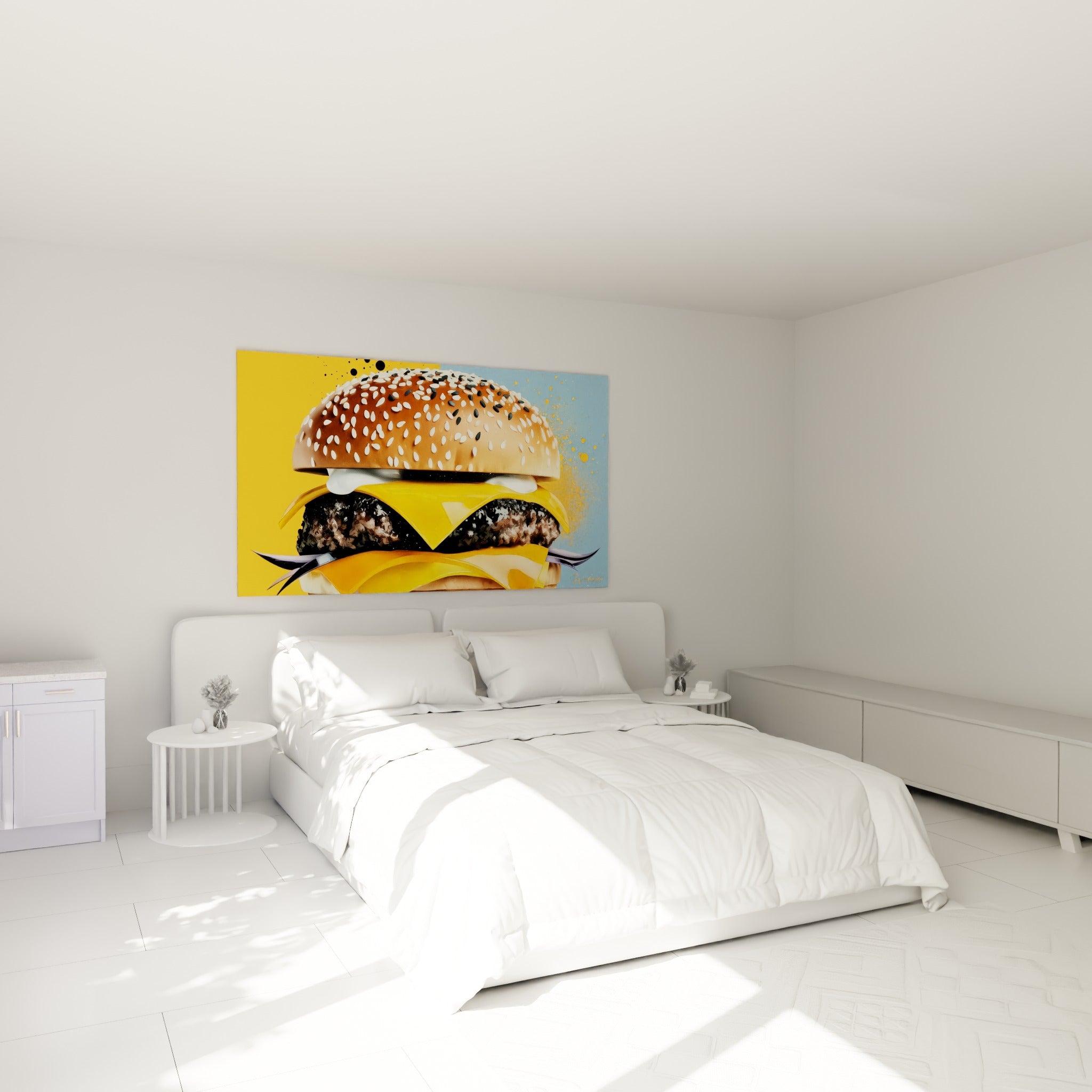 Sésame doré parsemant un burger généreux, fromage jaune coulant, accroché au-dessus d'un lit dans une chambre claire