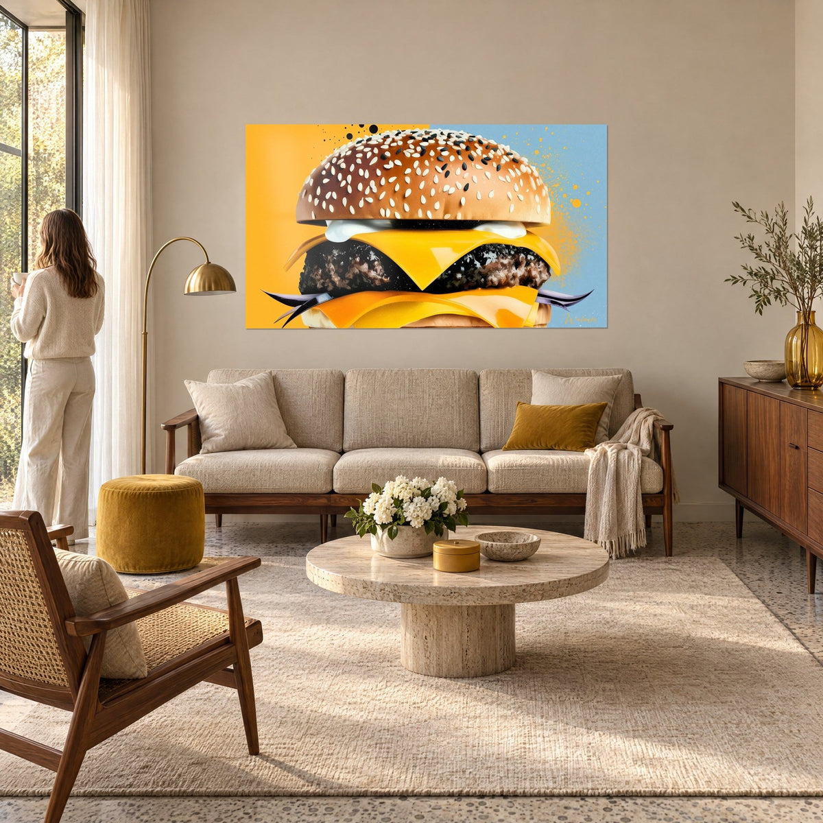 Quadro di un cheeseburger gigante con panino al sesamo dorato, sfondo giallo e blu schizzato, sopra un divano in un soggiorno luminoso
