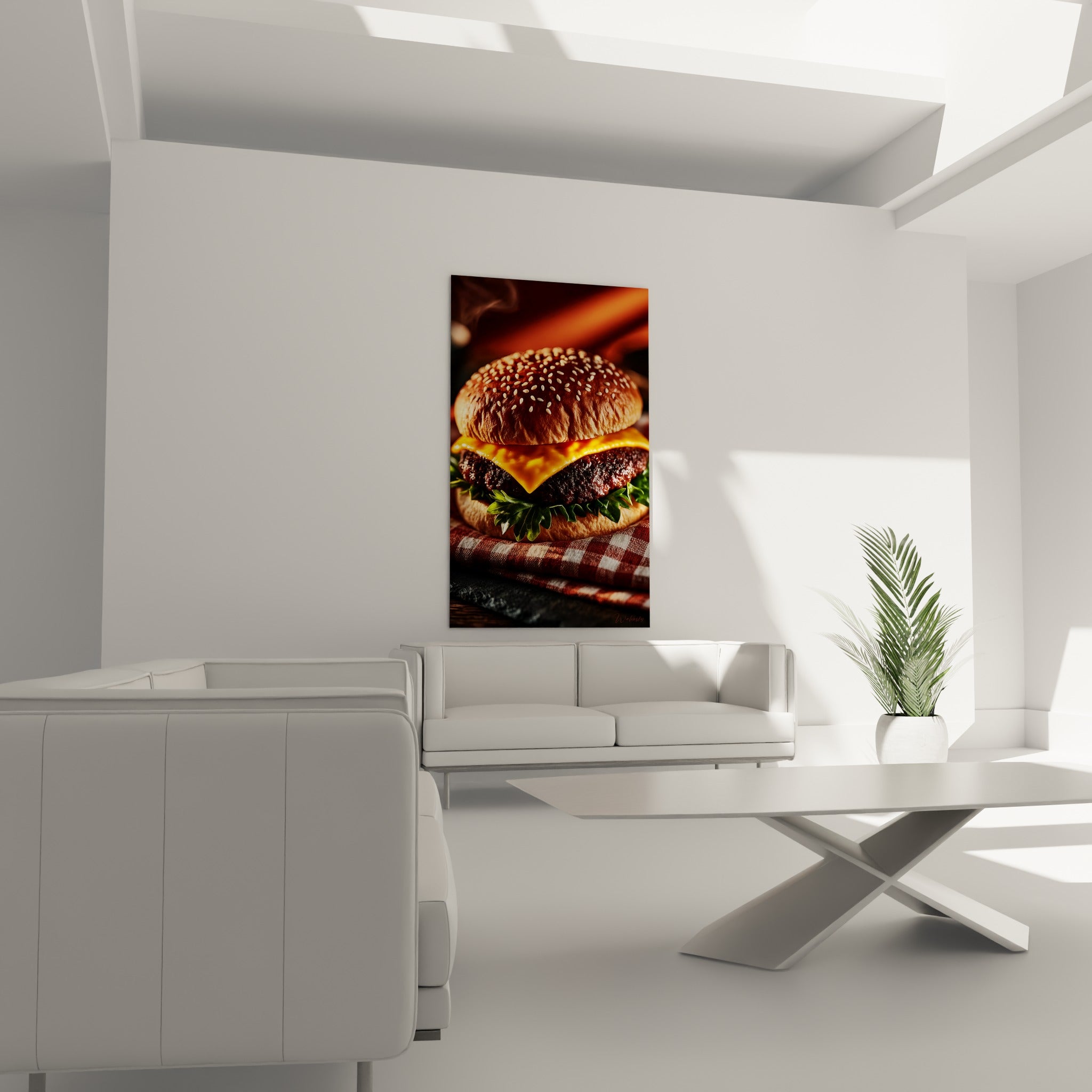 Sandwich gourmand aux teintes brunes et dorées, roquette verte visible au-dessus d'un canapé dans un salon lumineux