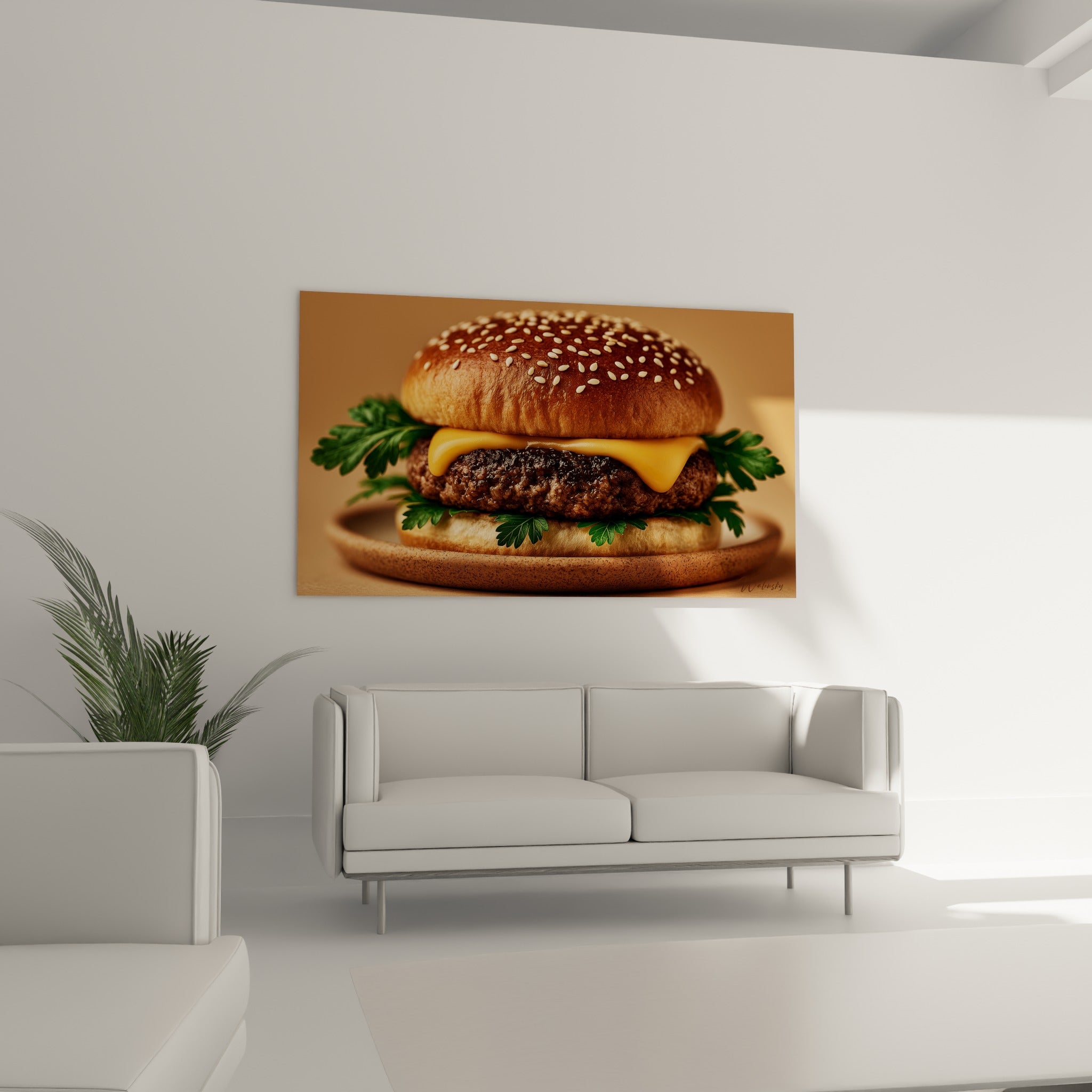 Sandwich gourmand à la viande grillée et fromage orangé, au-dessus d'un canapé dans un salon lumineux