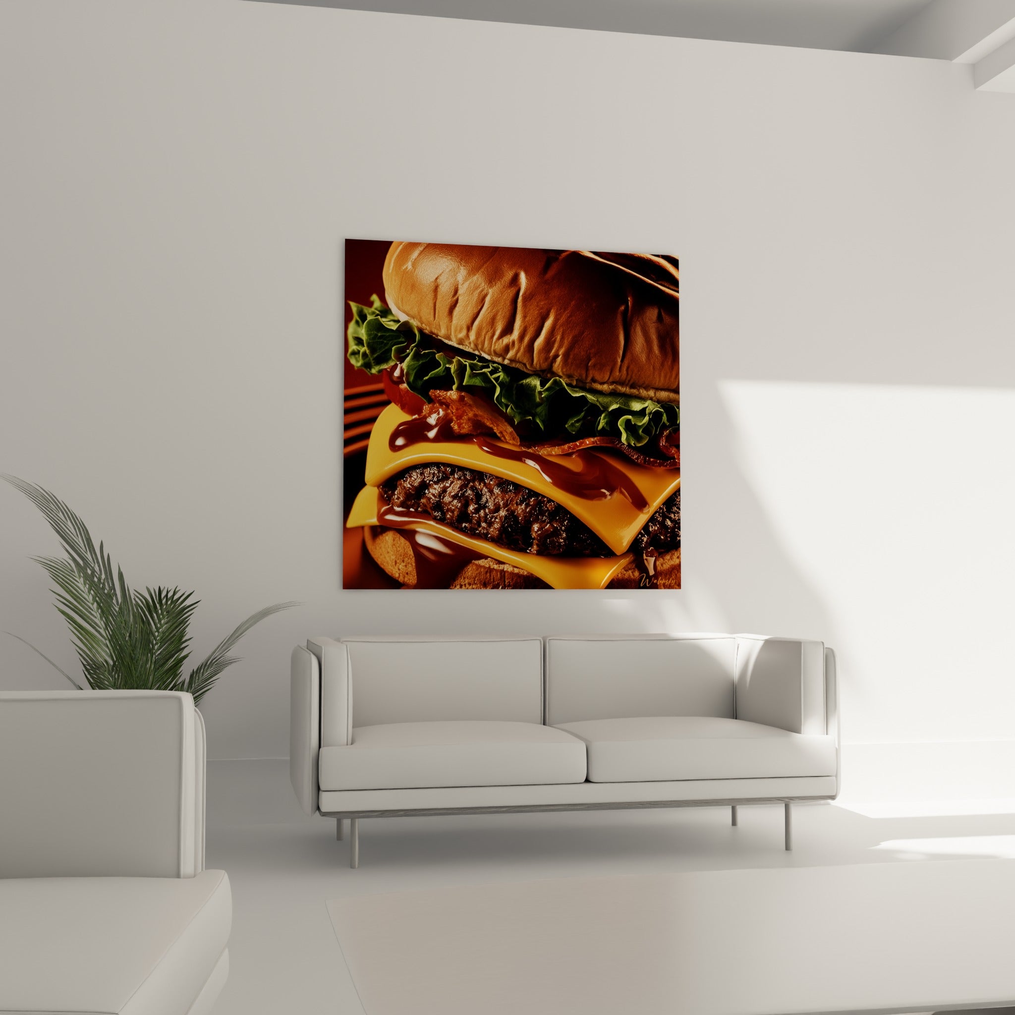Cheeseburger jaune doré et brun, salade verte croquante, au-dessus d'un canapé dans un salon lumineux