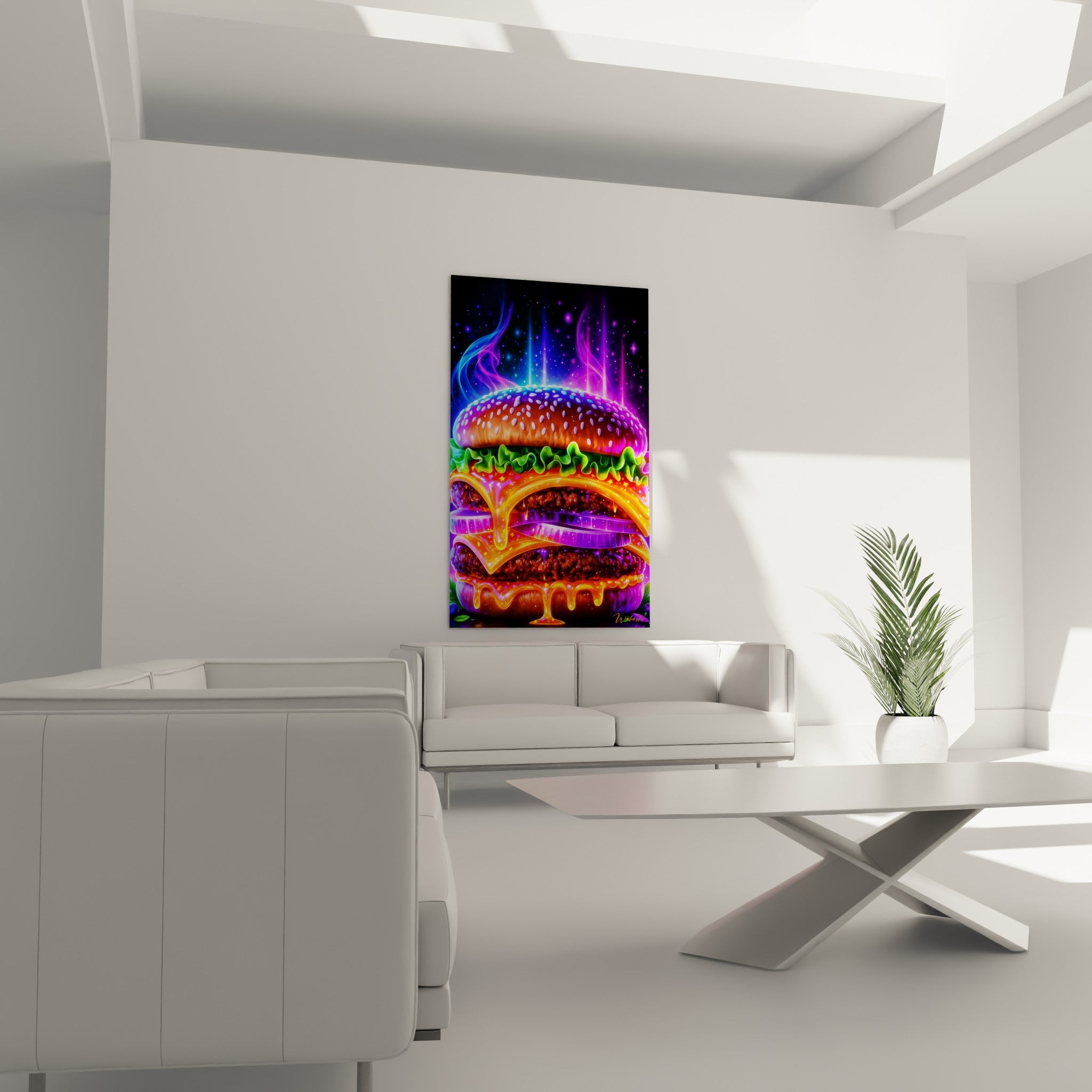 Volutes bleu électrique et violettes entourent ce burger accroché au-dessus d'un canapé dans un salon lumineux