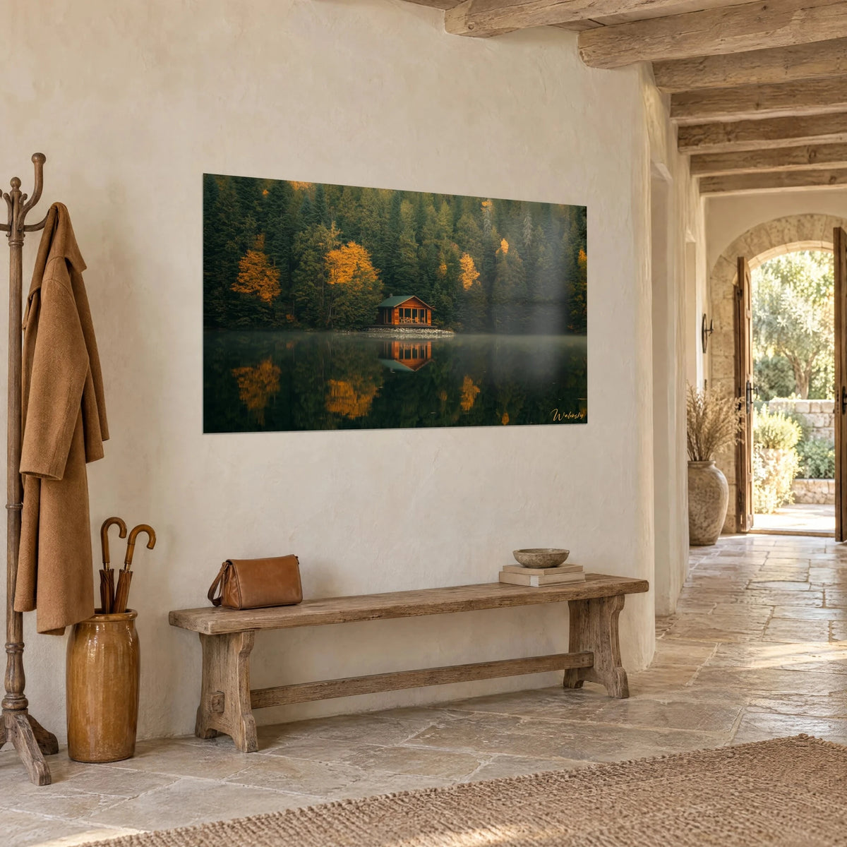 Wall art rust-red log cabin on the shore, white mist over black water, ochre foliage, entrance to a stone house