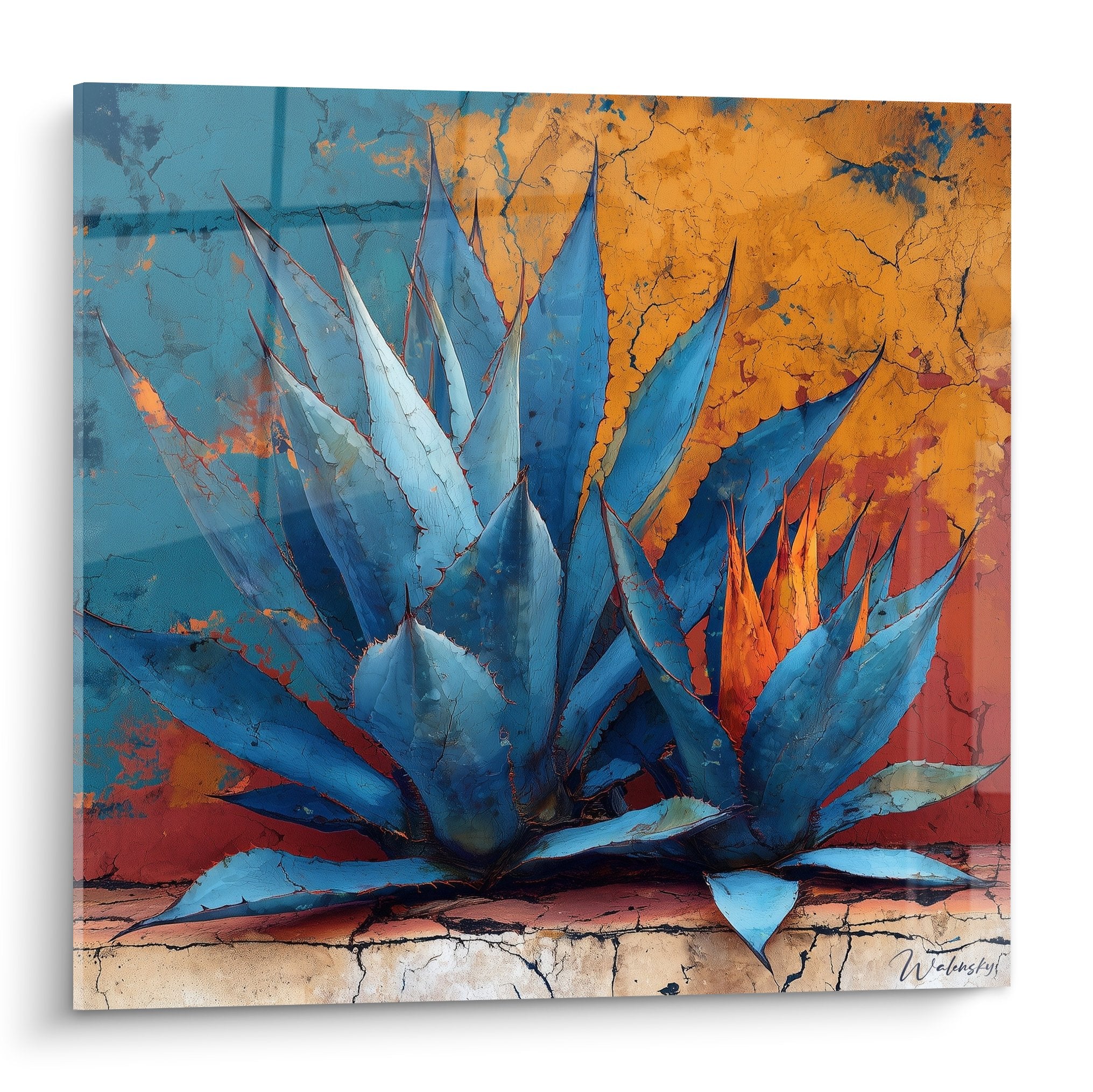 Cactus aux feuilles bleu turquoise sur mur ocre craquelé - tableau art désertique moderne