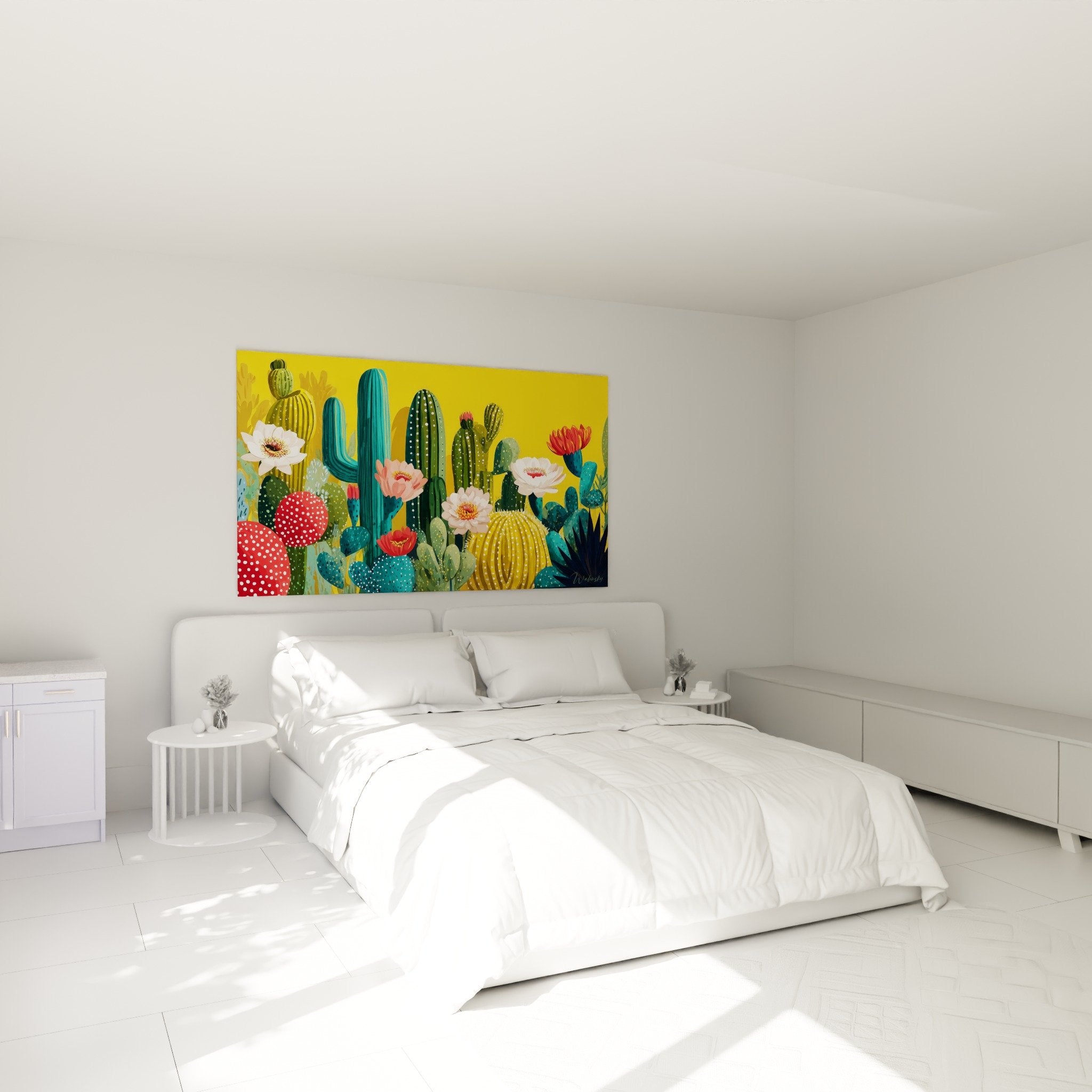 Tableau cactus multicolores avec fleurs dans chambre moderne aux murs clairs et mobilier naturel