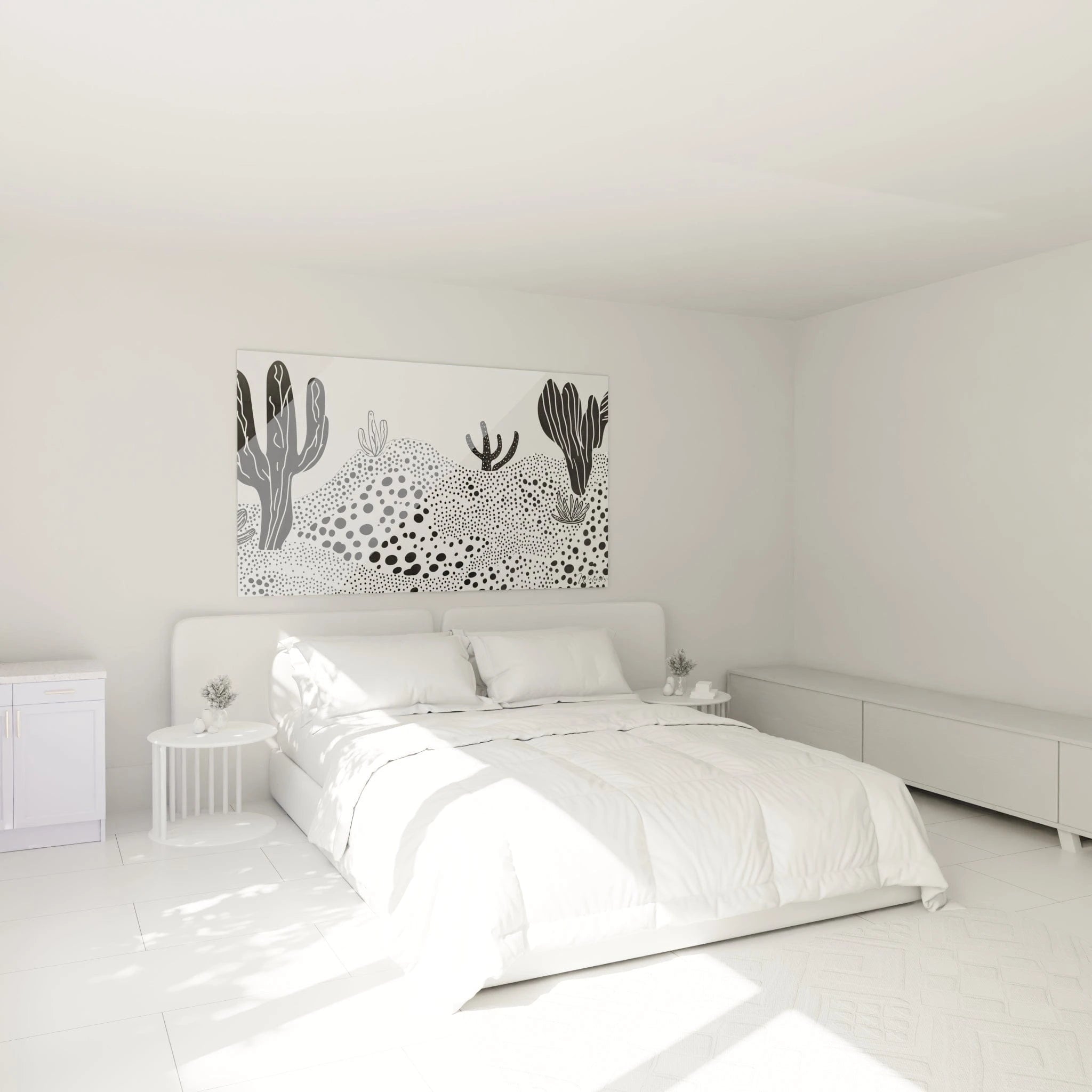 Tableau tacheté noir et blanc de Walensky représentant des cactus dans une chambre moderne et lumineuse