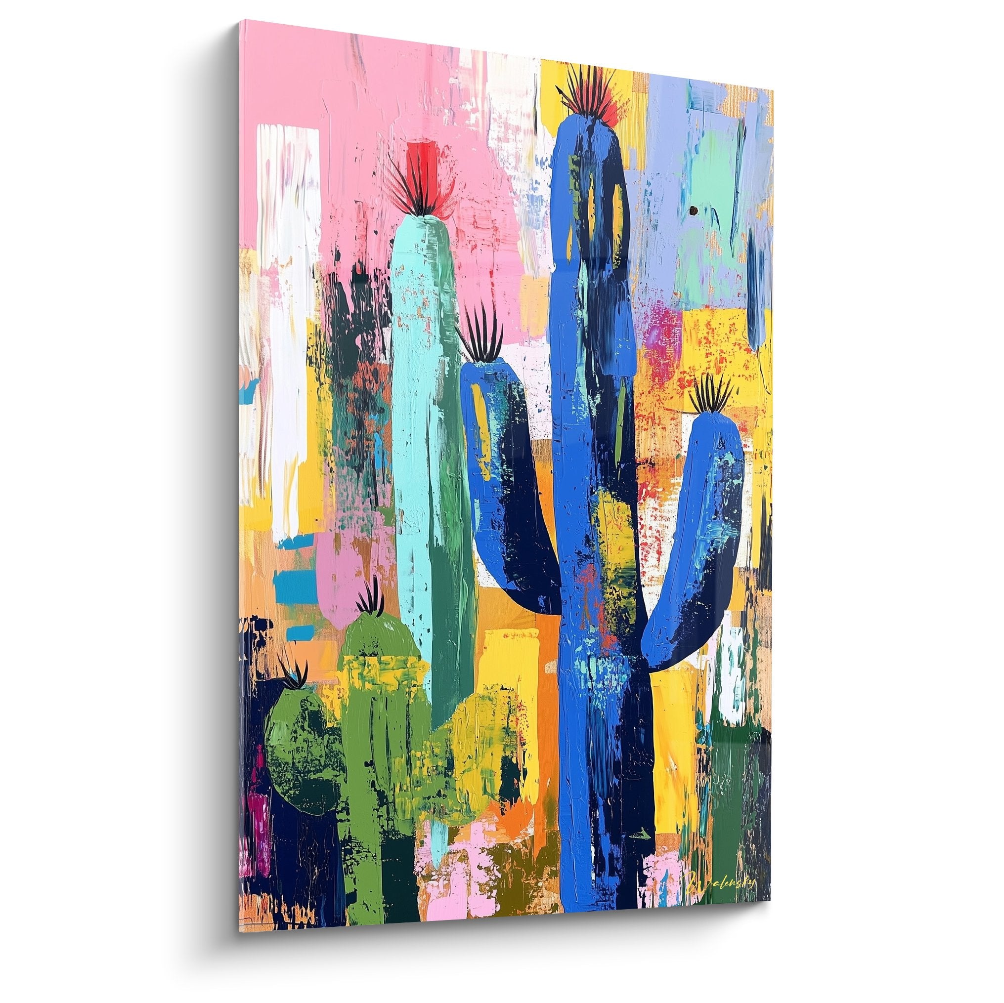 Tableau abstrait de cactus multicolores bleus verts et roses sur fond eclabosse