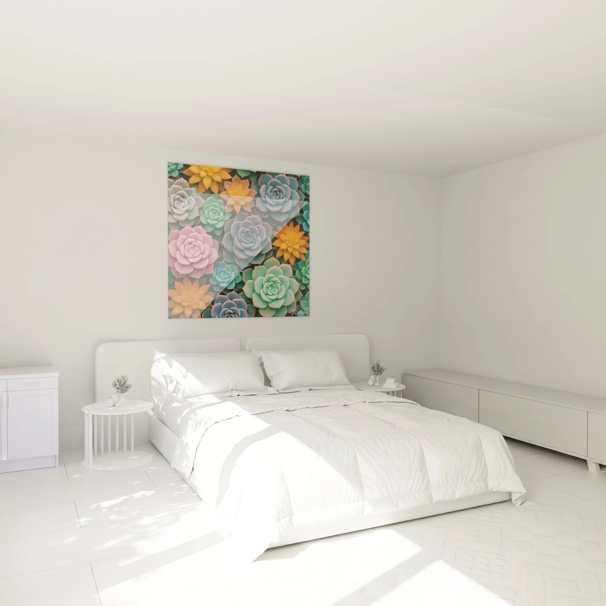 Un tableau succulentes affichant diverses variétés de plantes grasses formant un arrangement compact. Les rosettes turquoise dominent tandis que des accents orange et rose créent des points focaux contrastants sur fond de textures lisses.