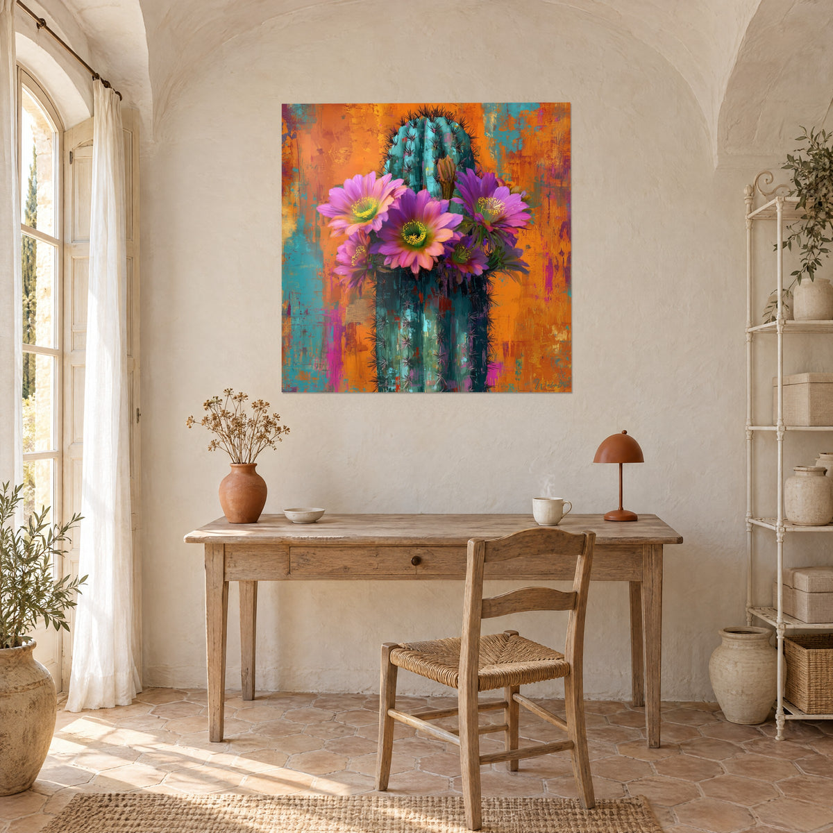 Wall art cactus with fuchsia and lilac petals, orange and turquoise brushstrokes, white textured wall above a wooden desk