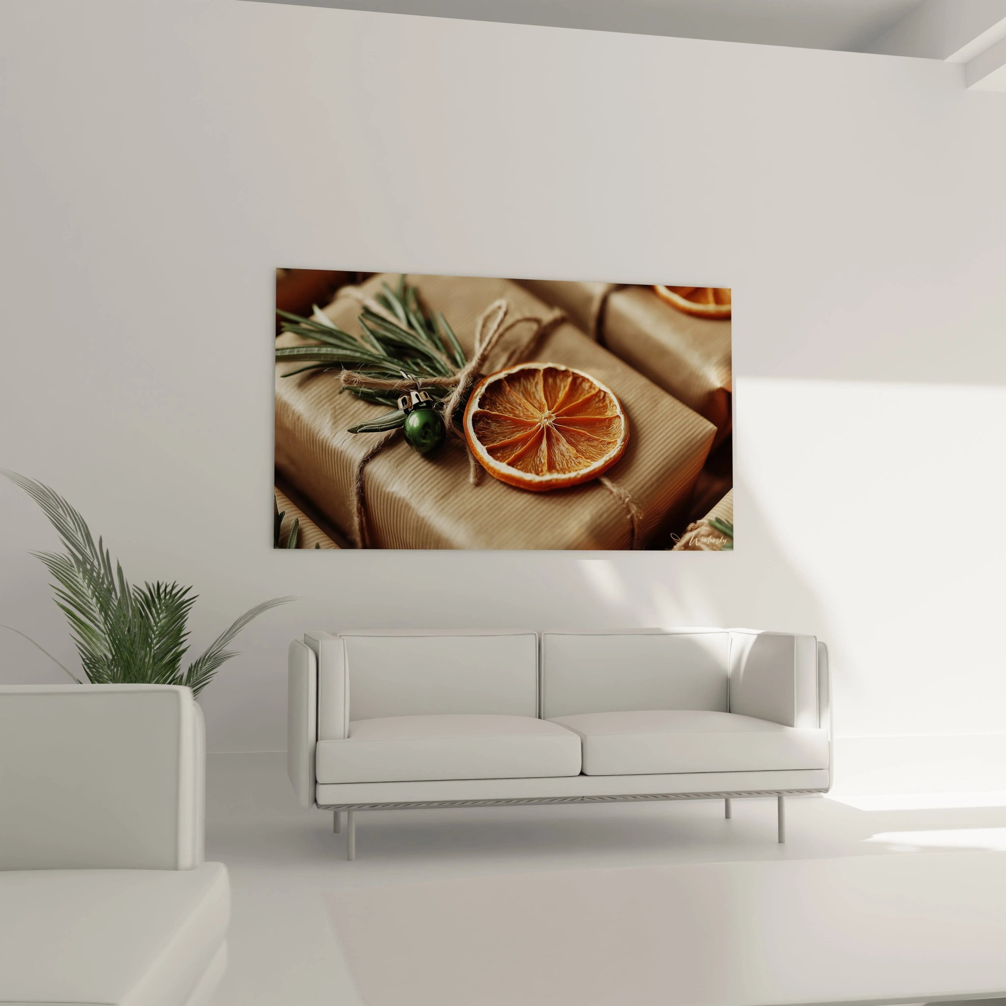 Tableau mural Noël agrumes confits décorant un mur avec des paquets cadeaux et des éléments festifs