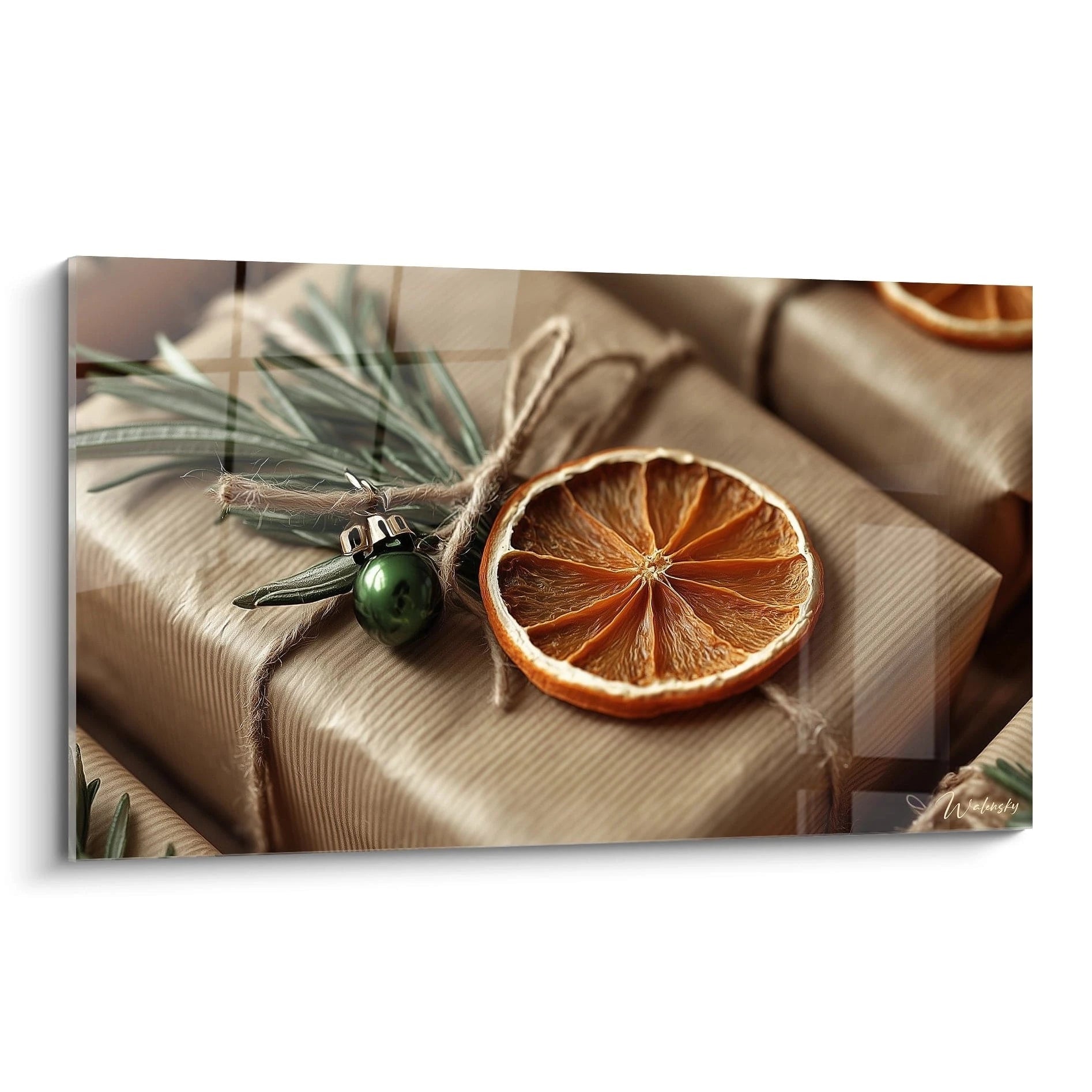 Tableau mural Noël agrumes confits avec des oranges séchées sur des paquets cadeaux décorés