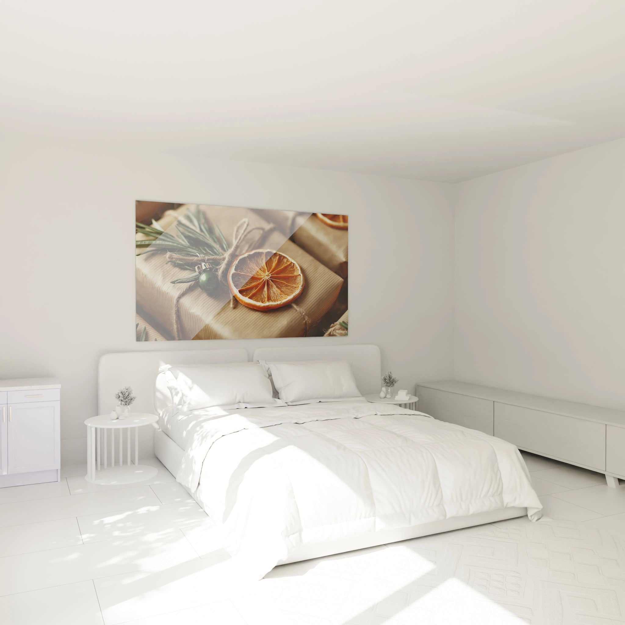 Tableau mural Noël agrumes confits décorant une chambre avec des cadeaux et un éclairage naturel