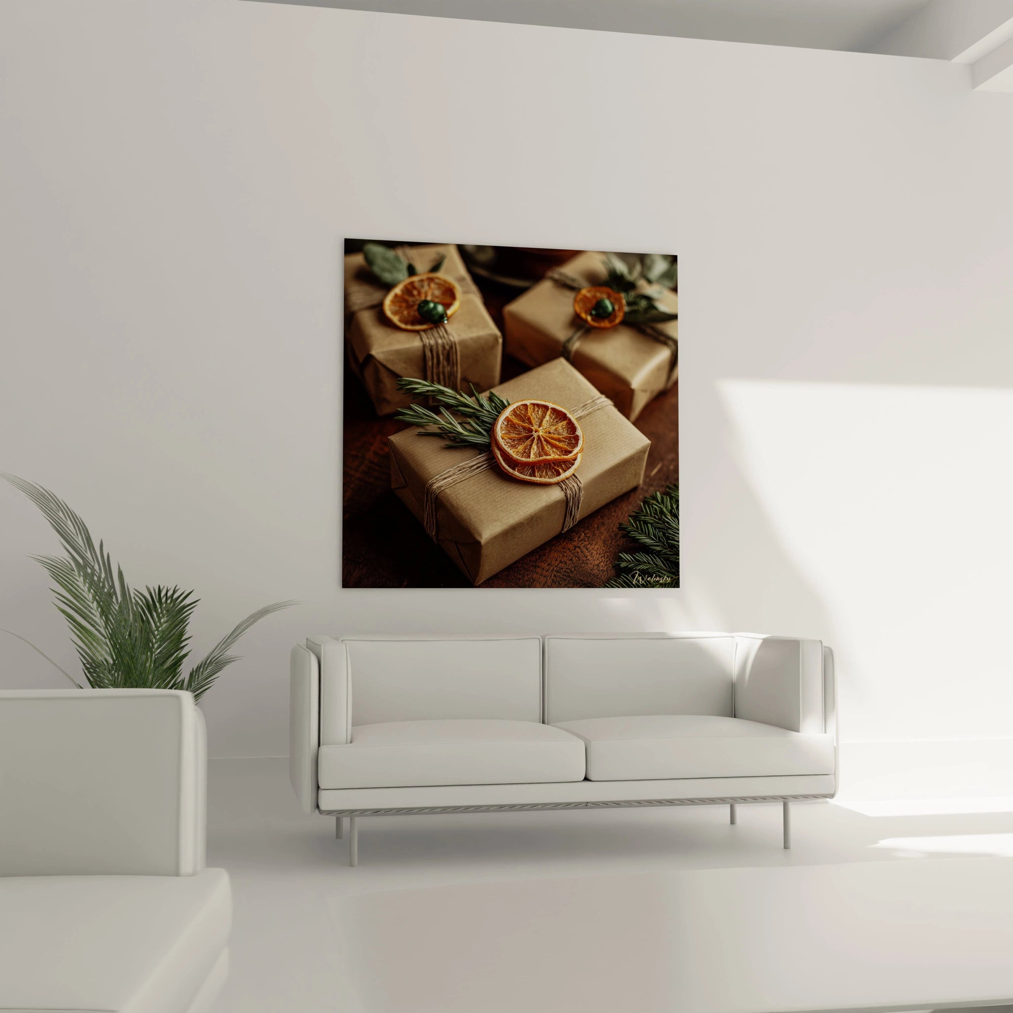 Tableau mural décoratif avec des paquets cadeaux de Noël sur un fond neutre, parfait comme tableau cadeau Noël