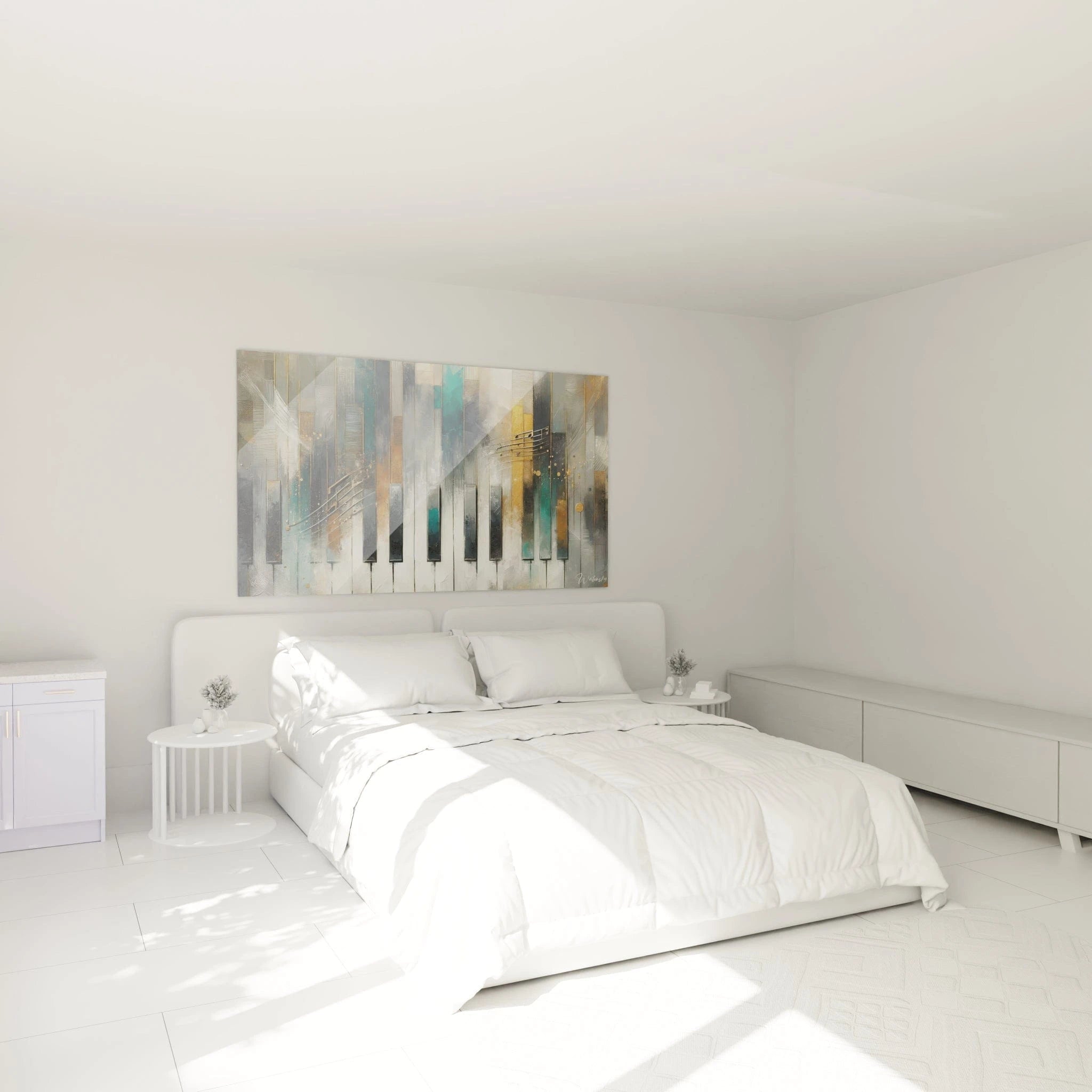 Un tableau abstrait musical représentant un clavier de piano déstructuré. La palette associe noir, blanc, turquoise, or et gris argenté. Les textures incluent des surfaces striées, des effets métalliques, des zones empâtées et des lignes ondulantes dorées traversant la composition verticale.