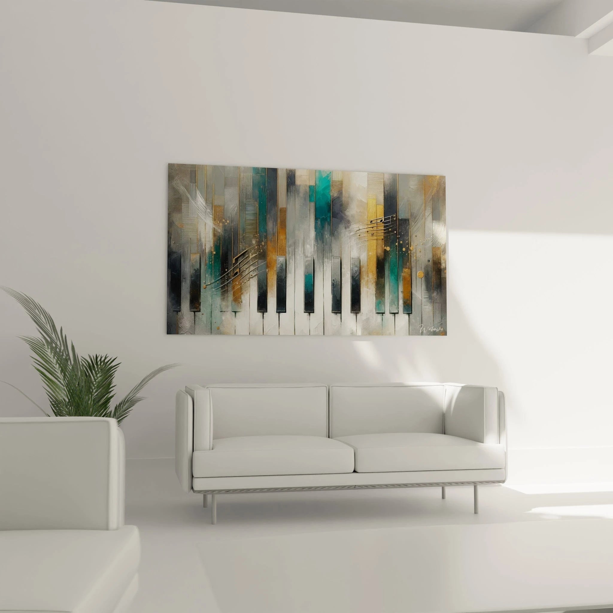 Un tableau abstrait d'un piano aux touches fragmentées par des bandes verticales colorées. Dominé par des teintes noir, blanc, turquoise et or. La texture mêle aplats géométriques, effets de brillance métallique, stries en relief et lignes courbes évoquant une notation musicale.