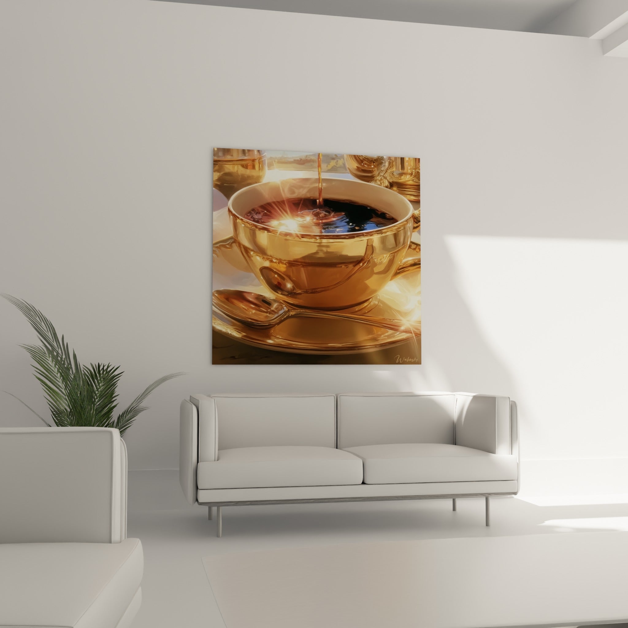 Éclats lumineux sur une tasse ambrée de café noir, au-dessus d'un canapé dans un salon lumineux.
