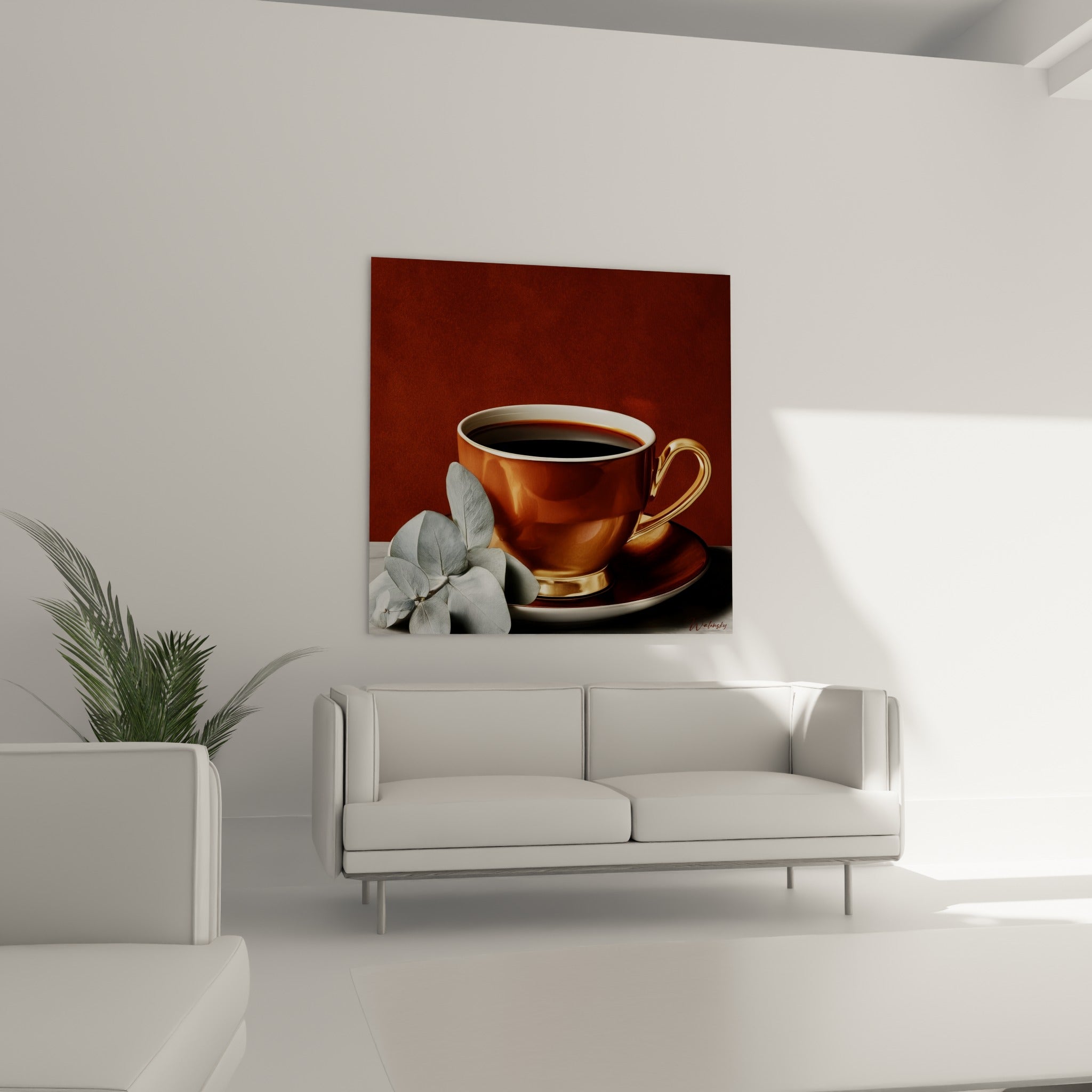 Reflets cuivrés d'une tasse de café et fond terracotta placés au-dessus d'un canapé dans un salon lumineux