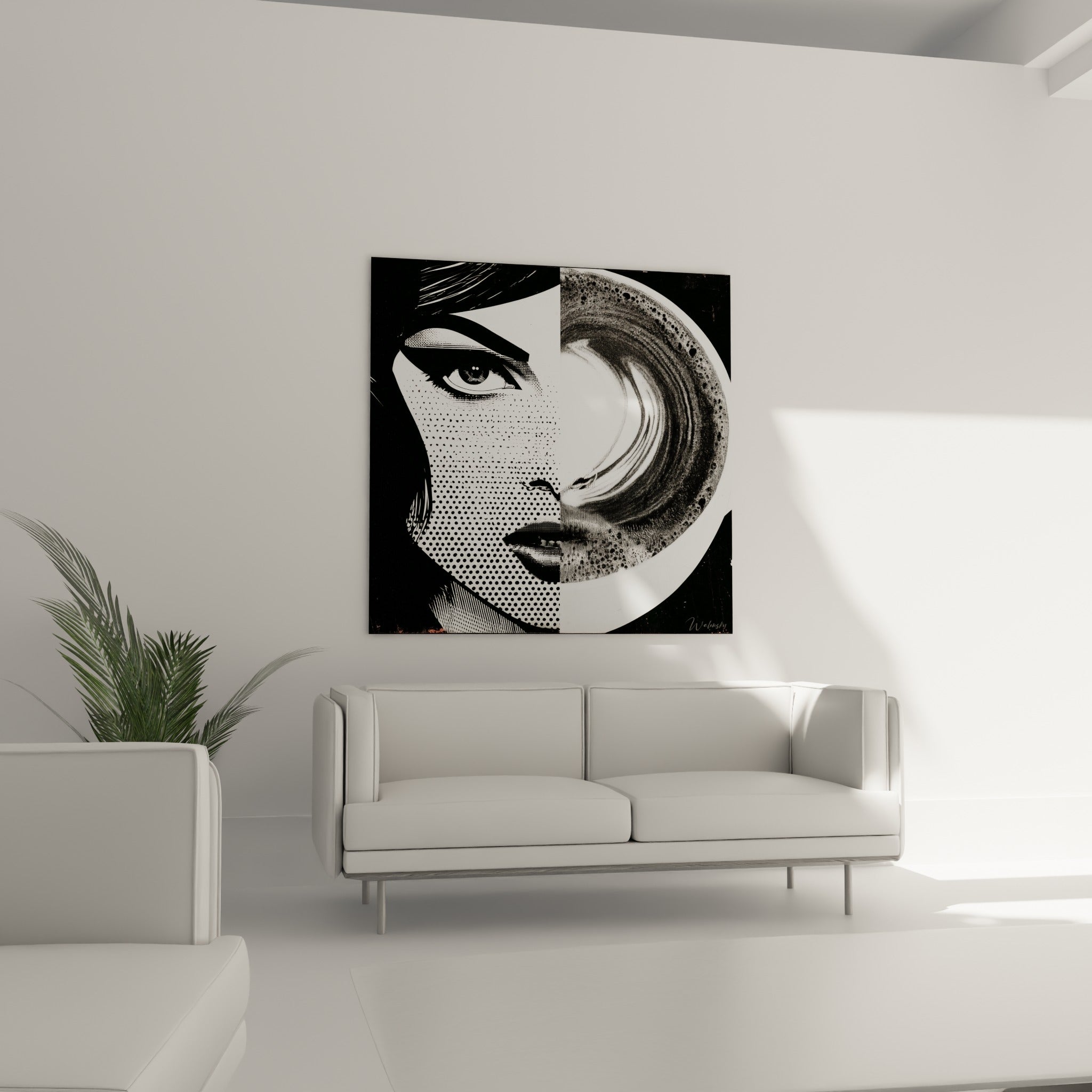 Tasse fumante et regard graphique noir et blanc au-dessus d'un canapé dans un salon lumineux