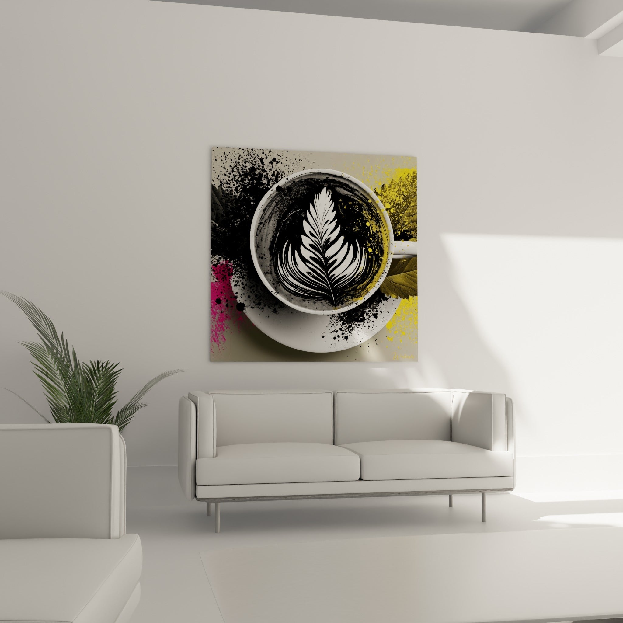 Motif latte art blanc et café anthracite orné de jaune vif, au-dessus d'un canapé dans un salon lumineux