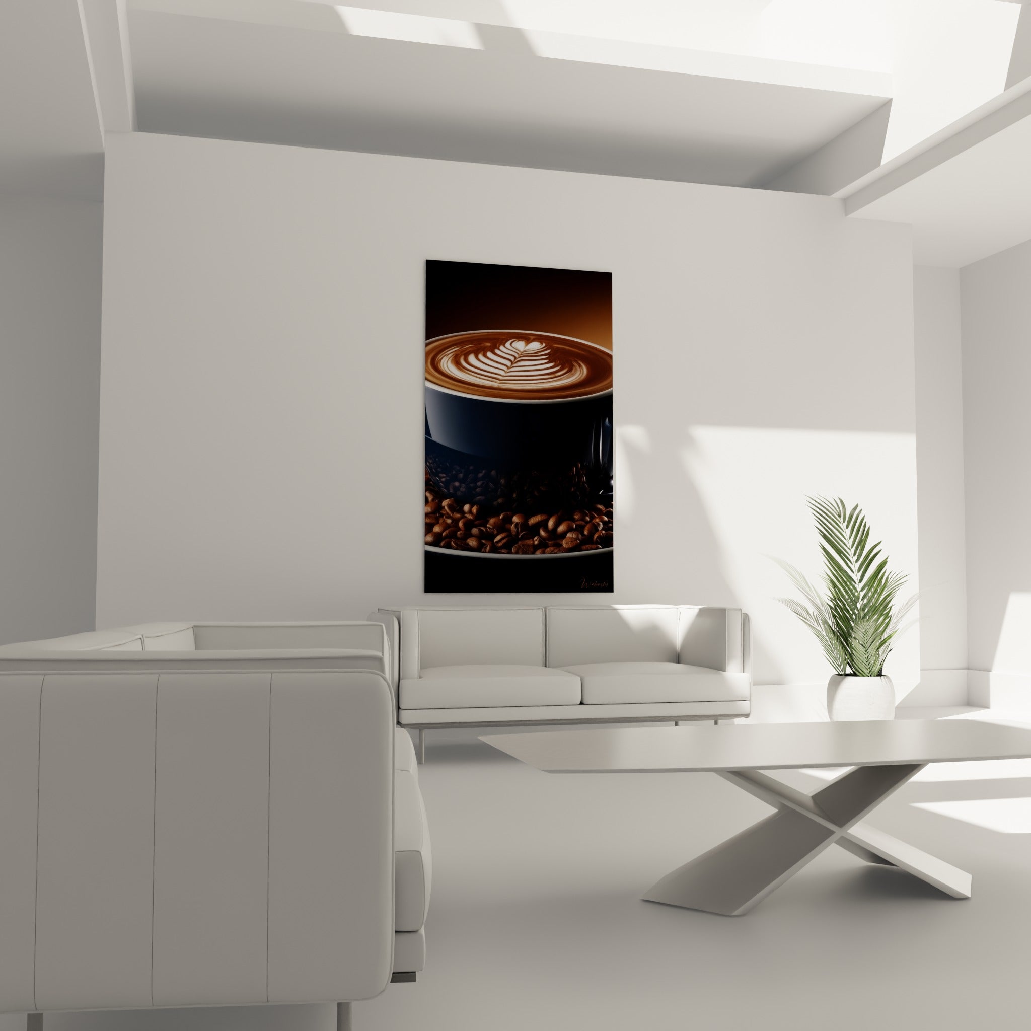 Grains de café bruns et mousse dorée en tableau accroché au-dessus d'un canapé dans un salon lumineux