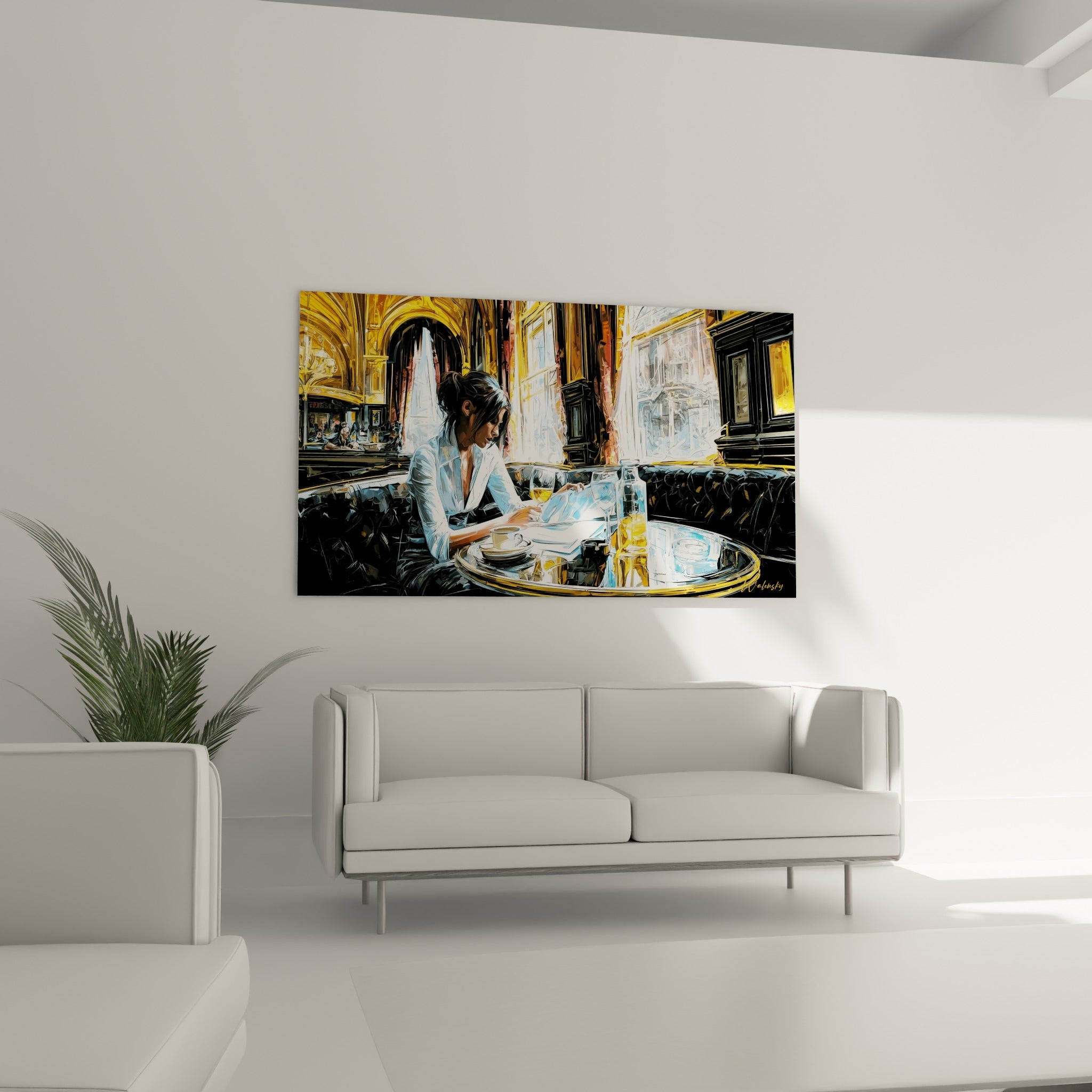Scène de café doré et anthracite avec femme attablée, disposée au-dessus d'un canapé dans un salon lumineux