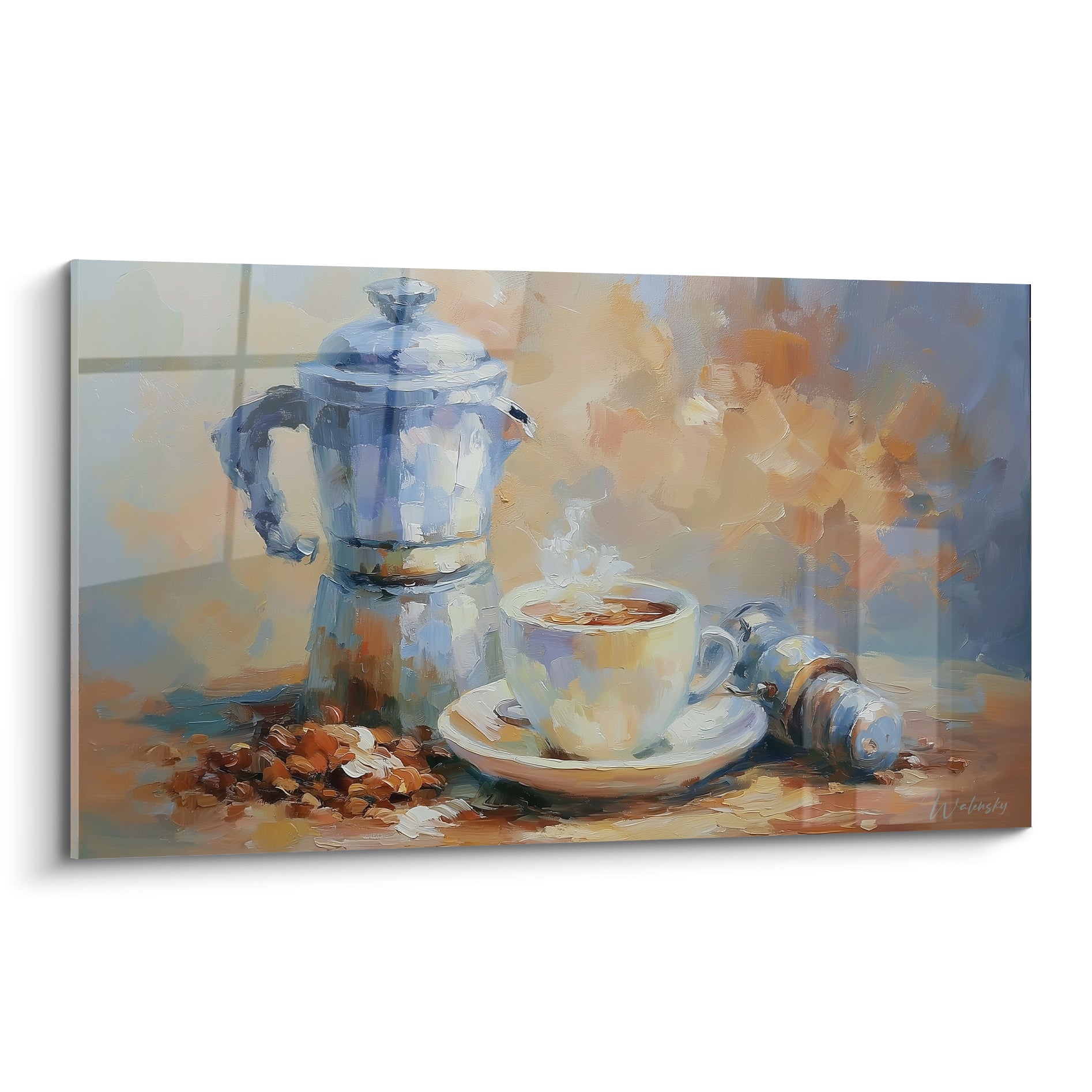 Cafetière bleu argenté et tasse fumante blanche entourées de grains ocre et terracotta