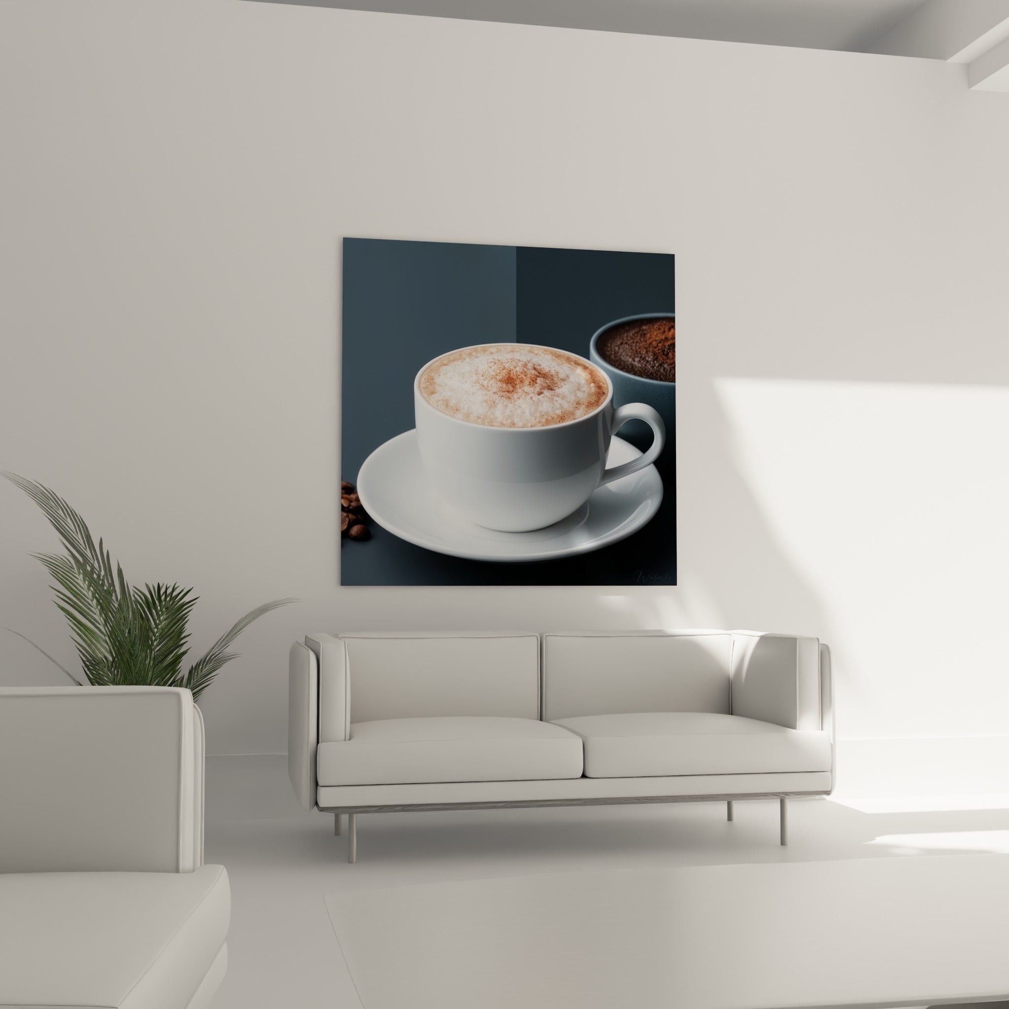 Cappuccino fumant aux reflets bleu-gris et blanc immaculé, suspendu au-dessus d'un canapé dans un salon lumineux