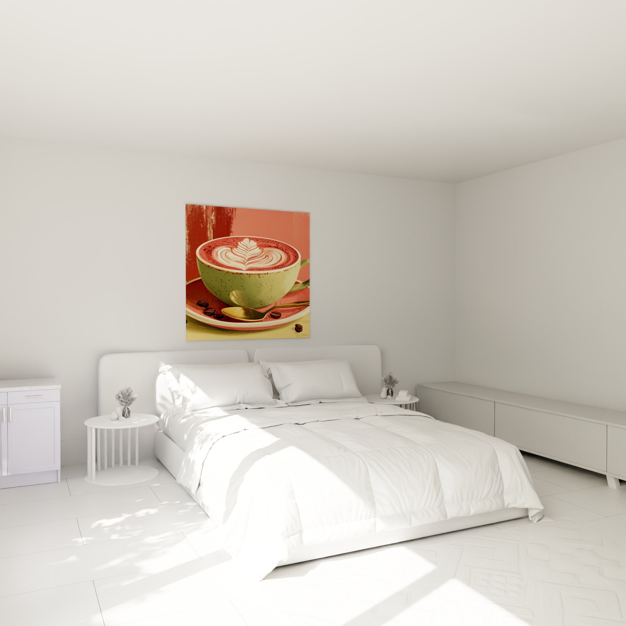 Cappuccino corail et tasse vert sauge illustrés, accroché au-dessus d'un lit dans une chambre claire
