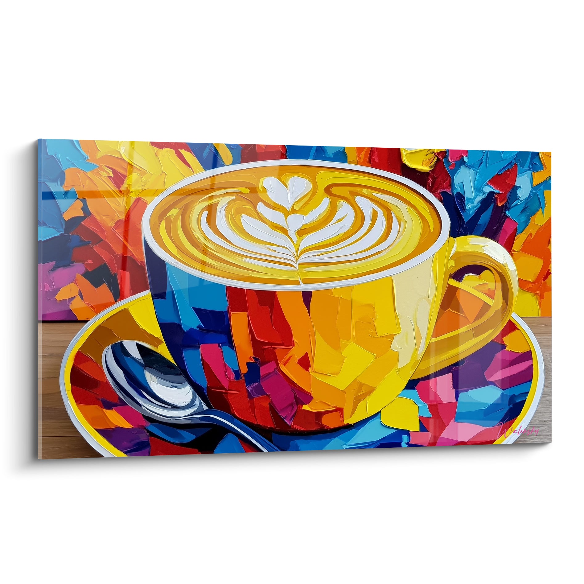 Cappuccino jaune et bleu marine peint, rosace lactée blanche, fond multicolore façon vitrail
