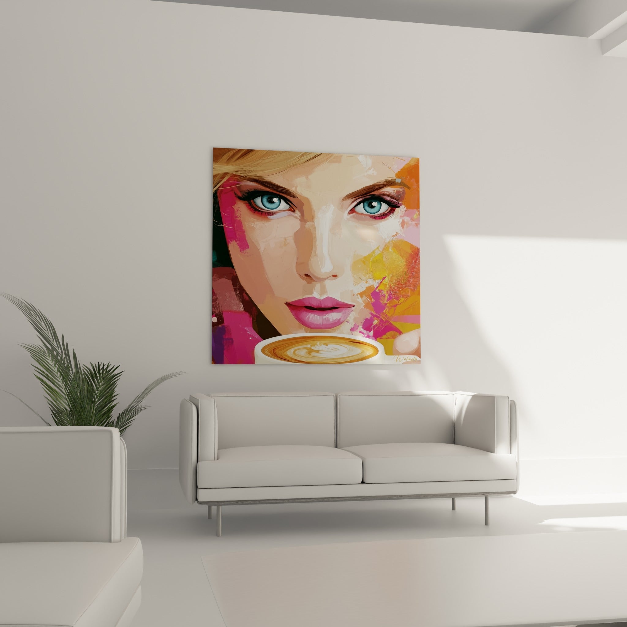 Portrait coloré aux teintes fuchsia et dorées accroché au-dessus d'un canapé dans un salon lumineux