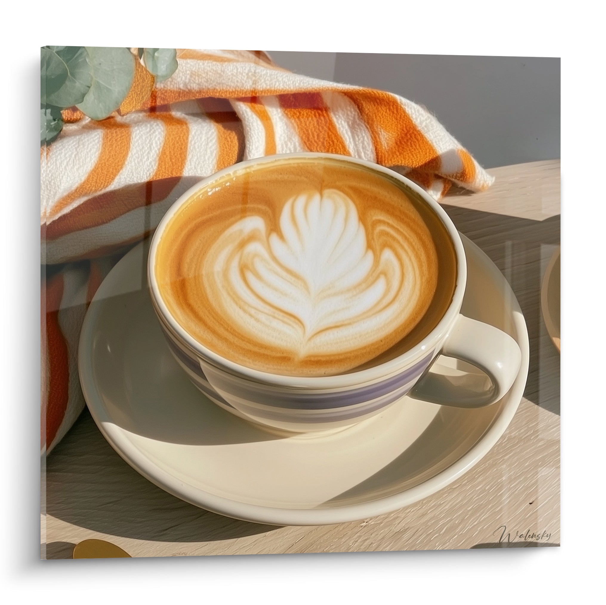 Cappuccino ocre et crème orné d'une rosette blanche, tasse à liseré violet sur soucoupe
