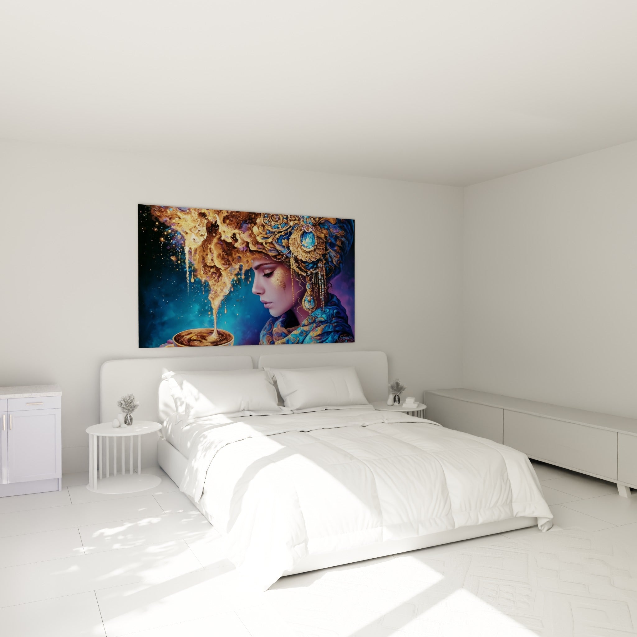 Coiffe dorée ornée de pierres bleues surplombant une femme au-dessus d'un lit dans une chambre claire