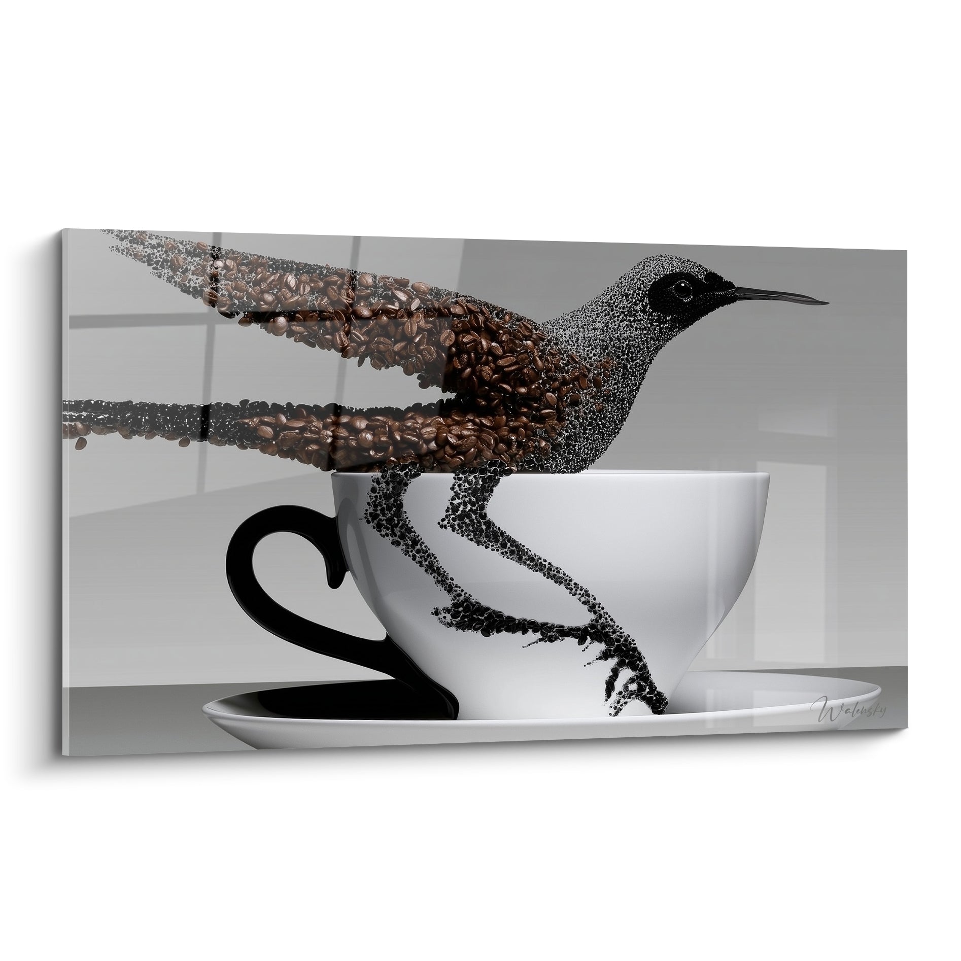 Colibri en grains de café brun posé sur tasse blanche, fond gris épuré, style graphique
