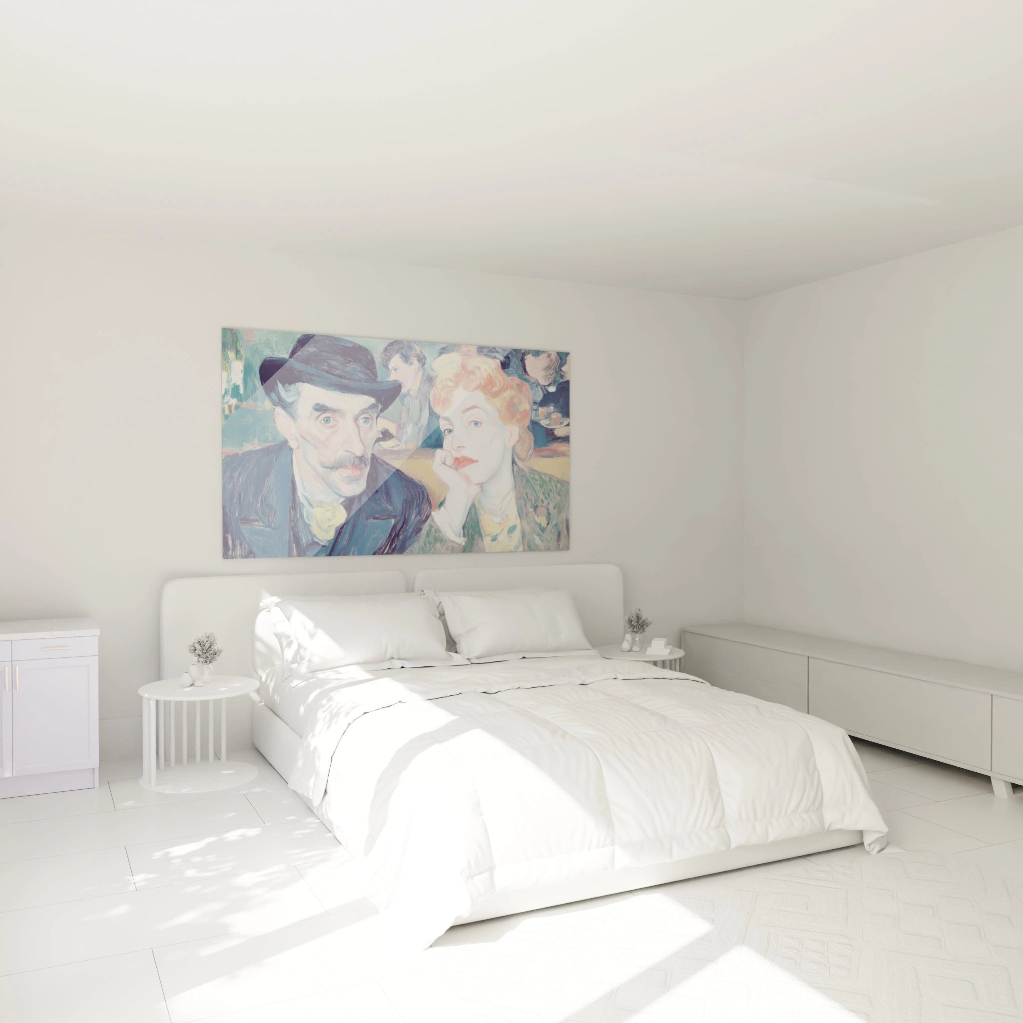Tableau mural Walensky style rétro accroché au-dessus d'un lit blanc dans chambre lumineuse tableau café-concert parisien
