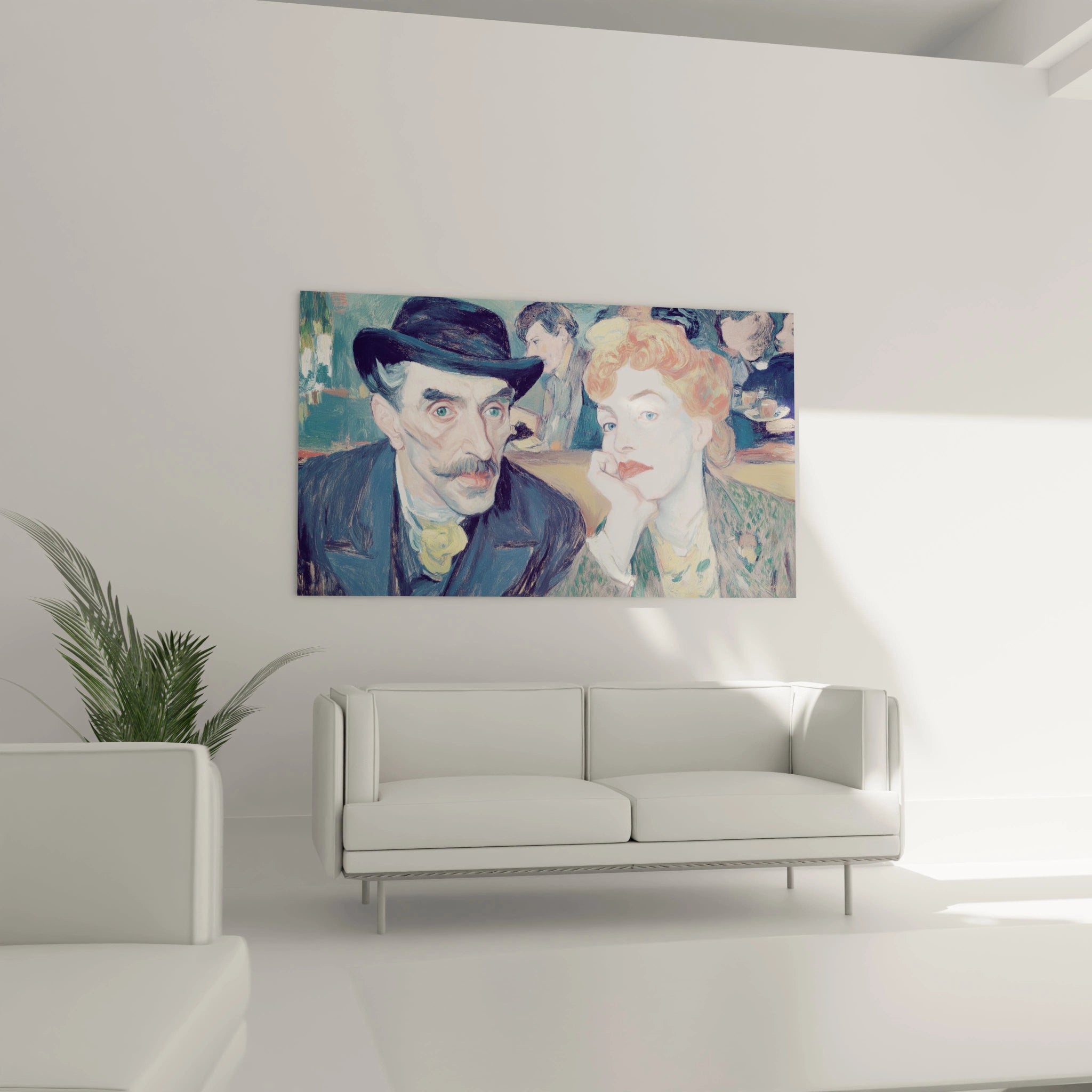 tableau café-concert parisien Walensky montrant un couple élégant dans un bistrot au style Belle Époque