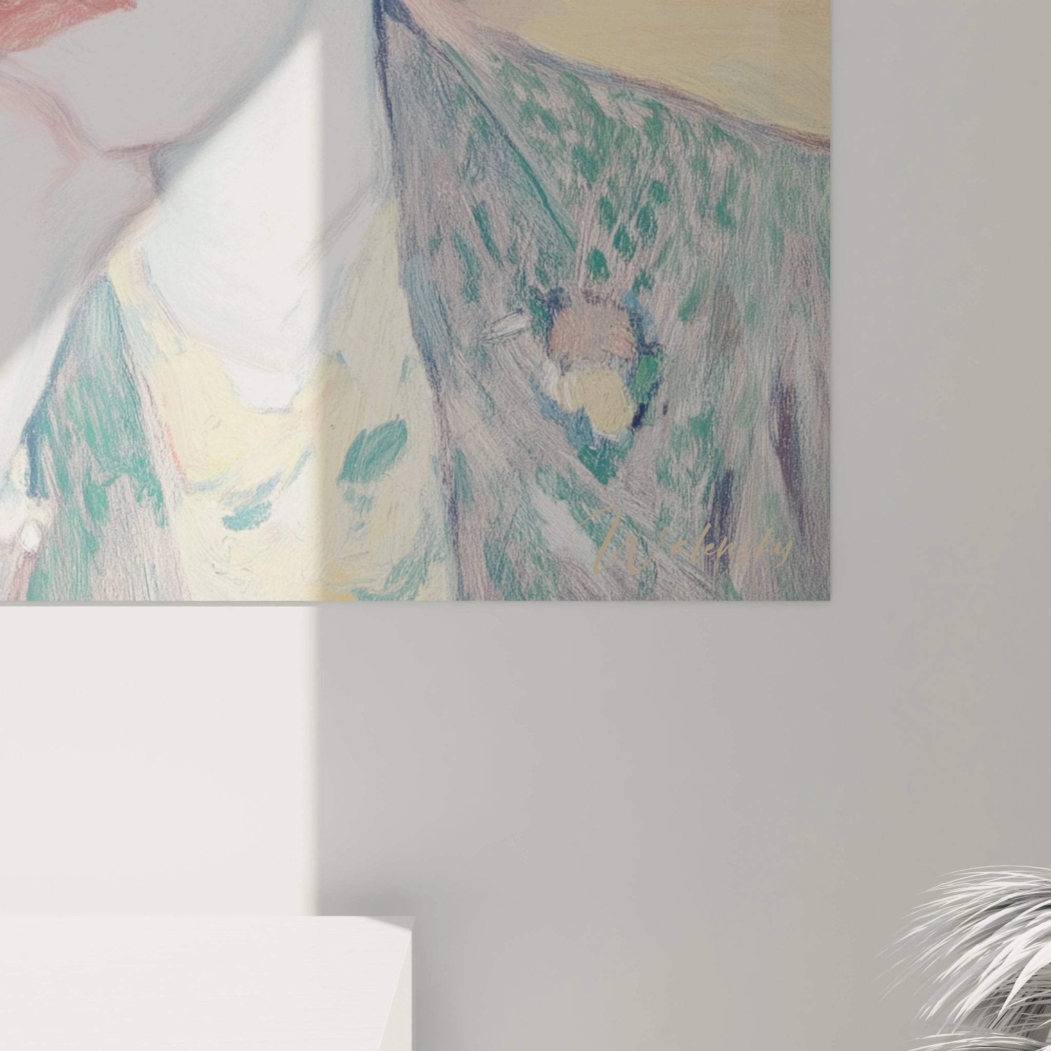 tableau café-concert parisien Walensky pastel portrait partiel femme en veste verte à motifs floraux accroché au mur