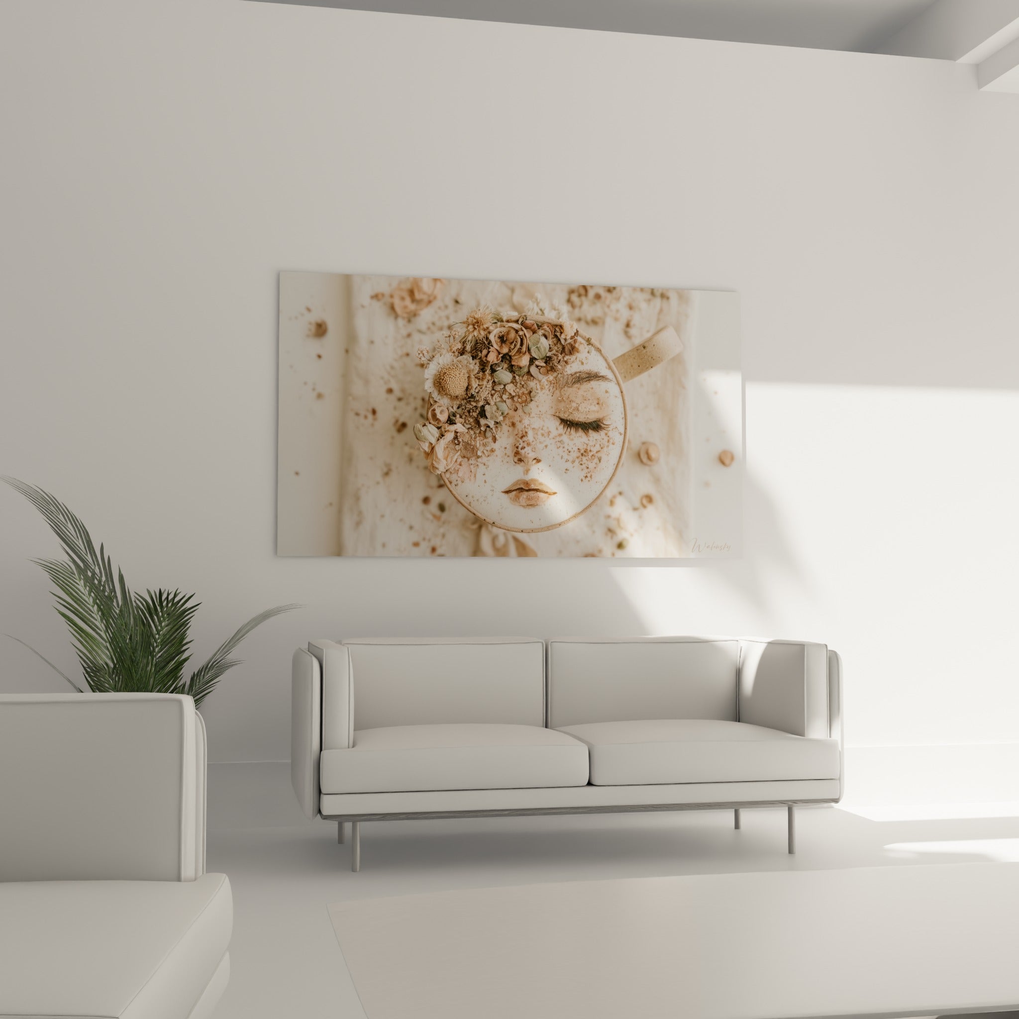 Composition florale terracotta et vert sauge autour d'un visage accrochée au-dessus d'un canapé dans un salon lumineux