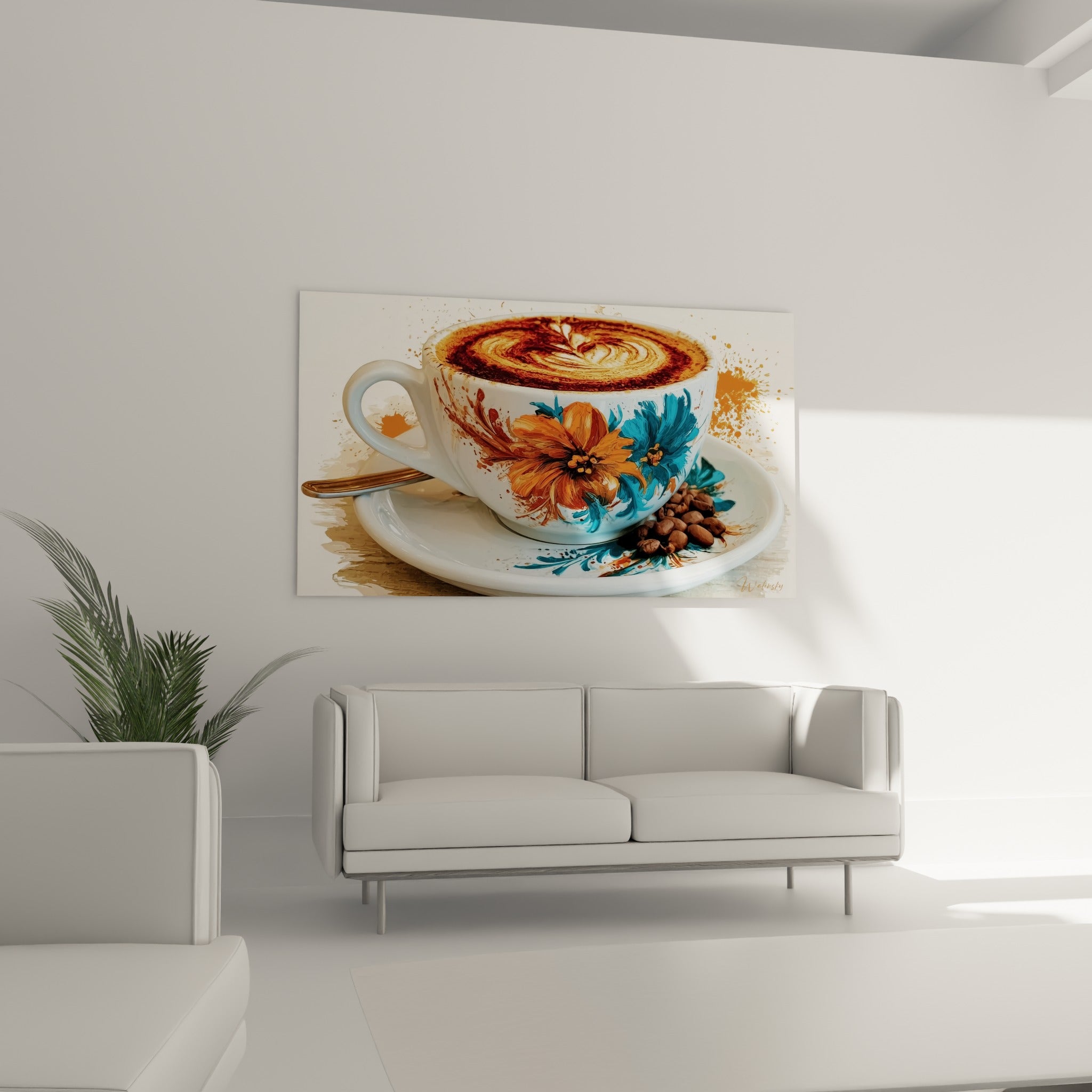 Cuillère dorée et fleurs orange vif ornant une tasse au-dessus d'un canapé dans un salon lumineux