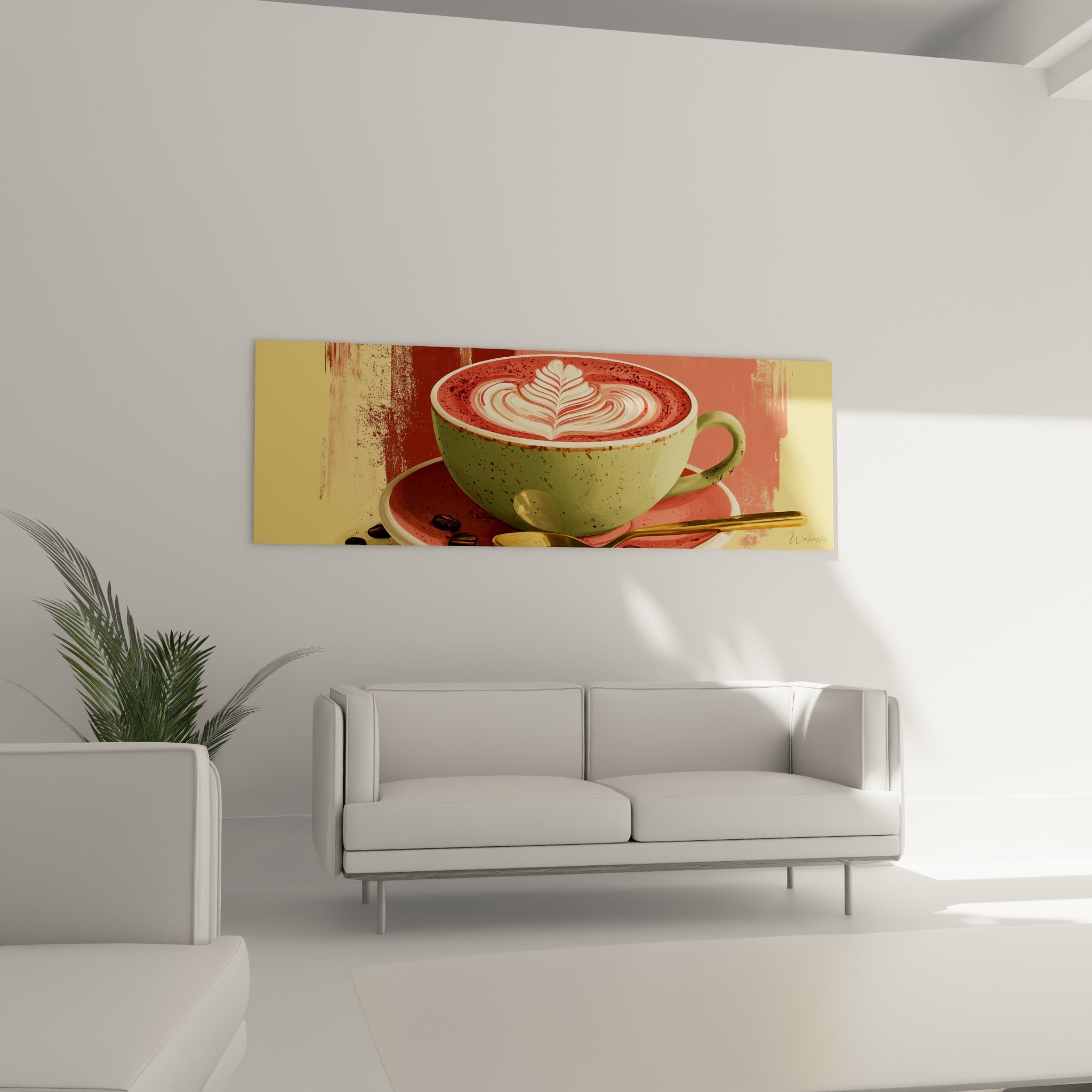 Cuillère dorée et grains torréfiés près d'une tasse verte, au-dessus d'un canapé dans un salon lumineux