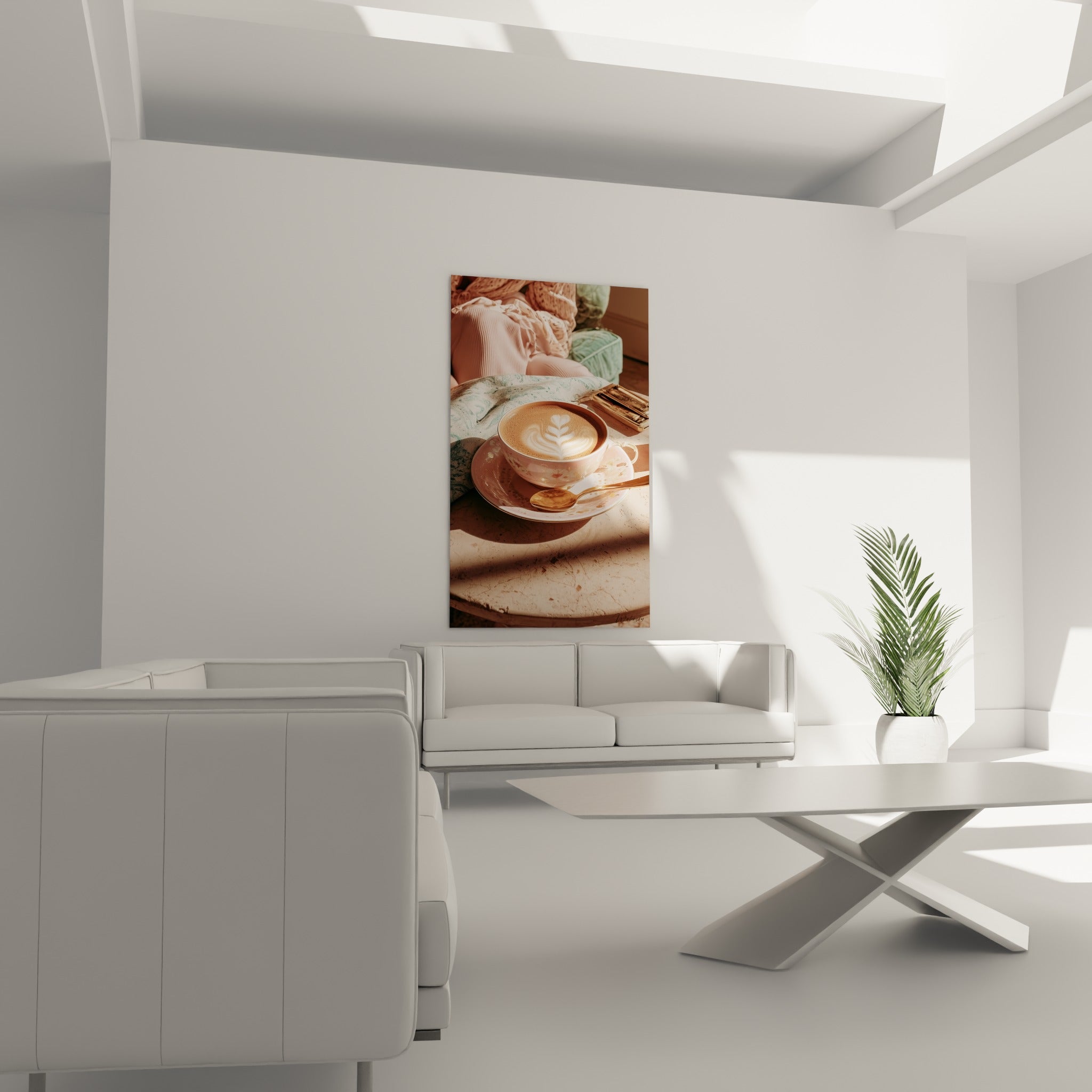 Cappuccino aux tons roses et bruns avec cuillère dorée, au-dessus d'un canapé dans un salon lumineux