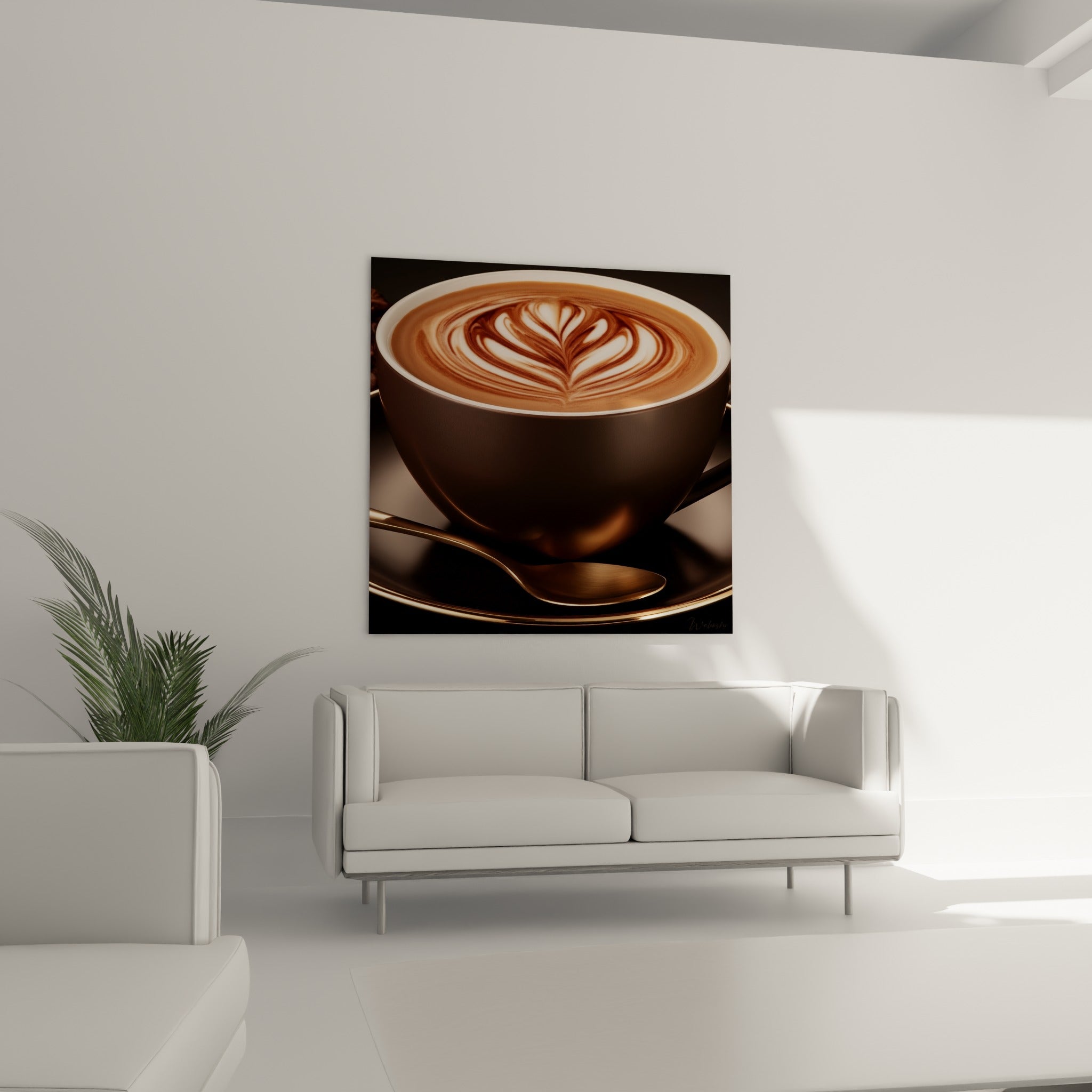Cappuccino doré et brun à motif cœur suspendu au-dessus d'un canapé dans un salon lumineux