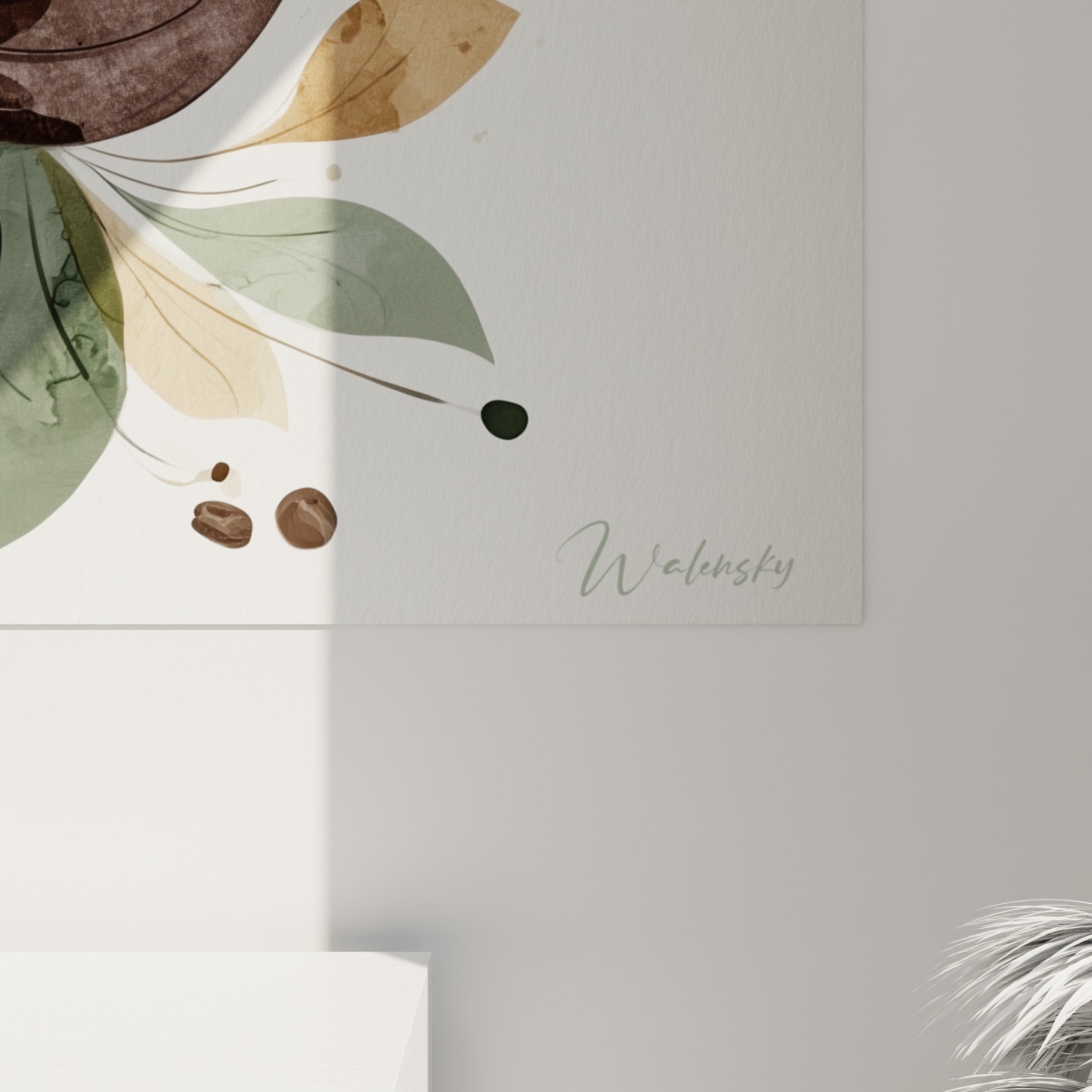 Détail des empâtements bruns et vert sauge sur le grain de la toile figurant une tasse de café