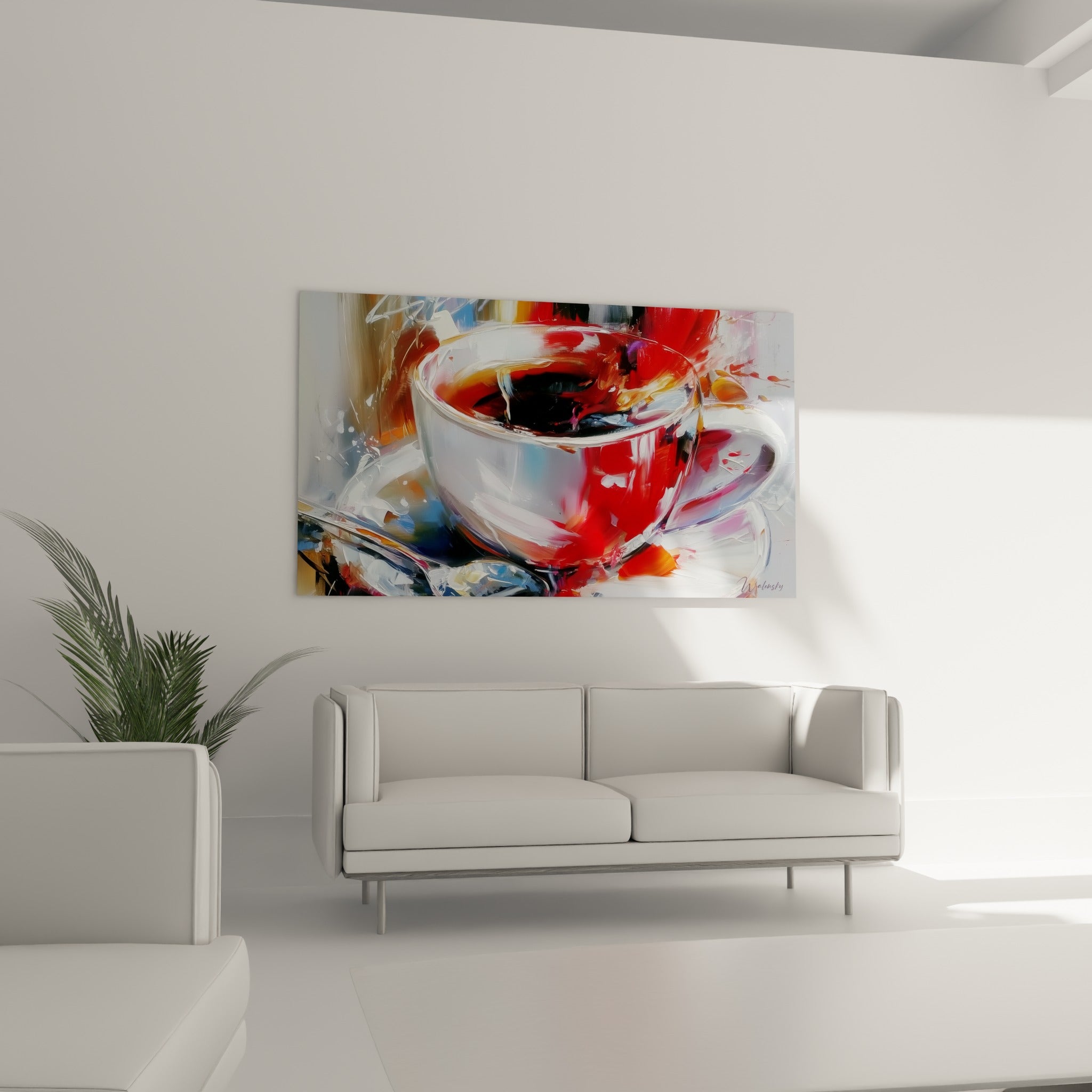 Œuvre représentant une tasse de café éclaboussée de rouge et de blanc au-dessus d'un canapé dans un salon lumineux