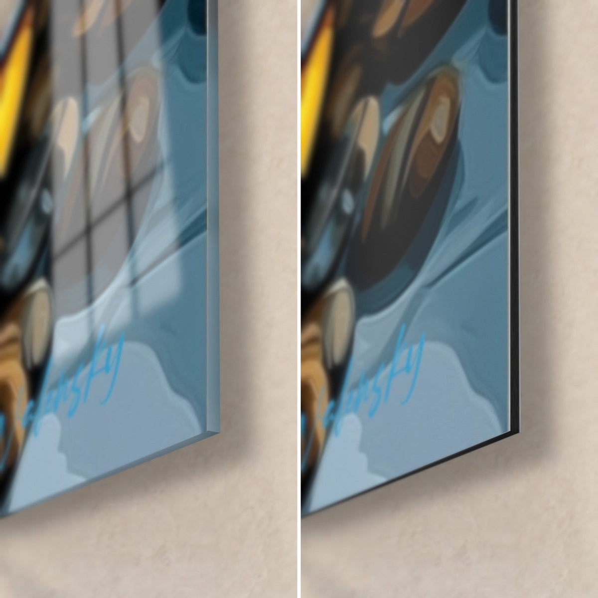 Quadro caffè fumante in blu e giallo, angolo in basso a destra: vetro acrilico lucido a sinistra, Dibond opaco a destra, bordo da 3 mm