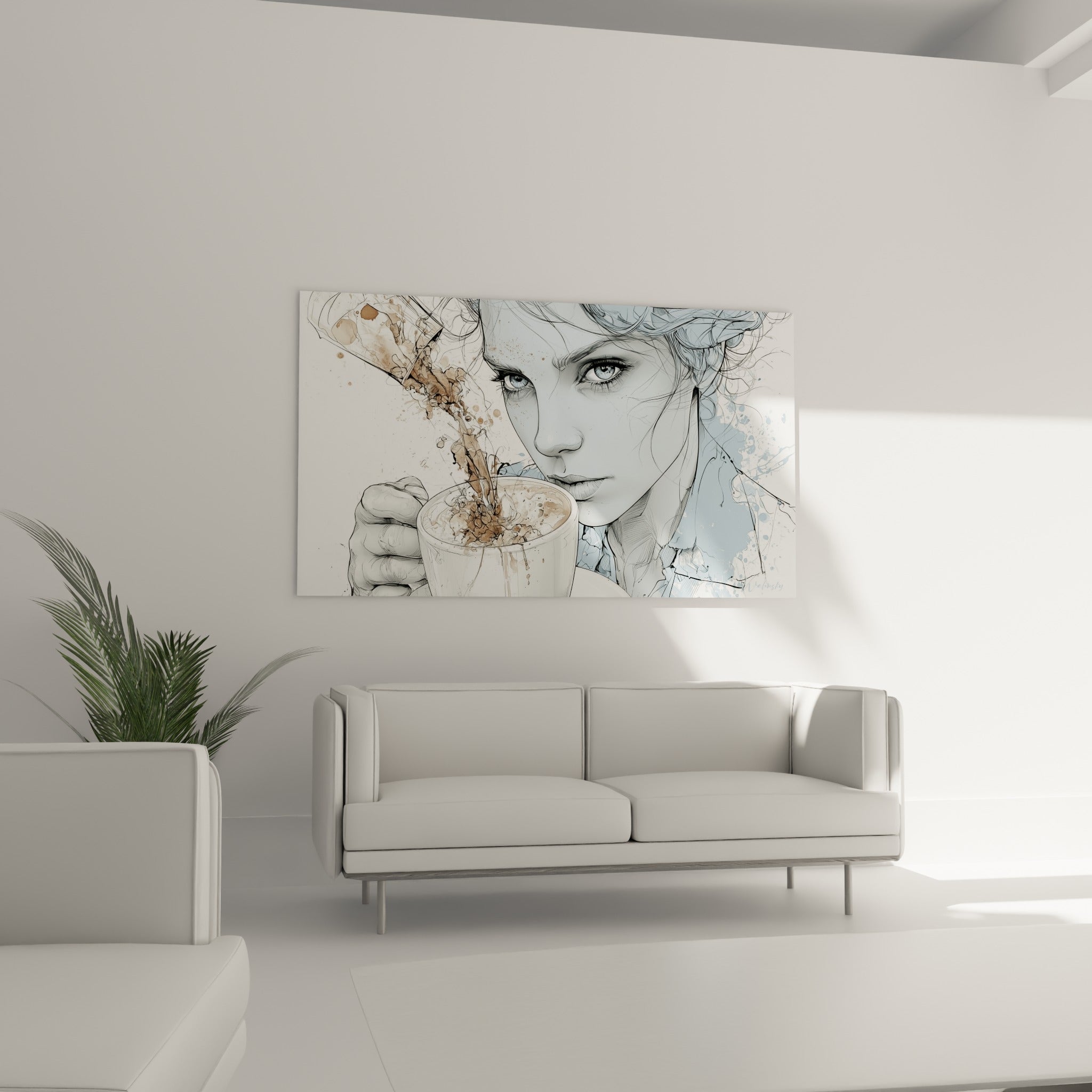Regard intense et tasse débordant de café ocre, accroché au-dessus d'un canapé dans un salon lumineux