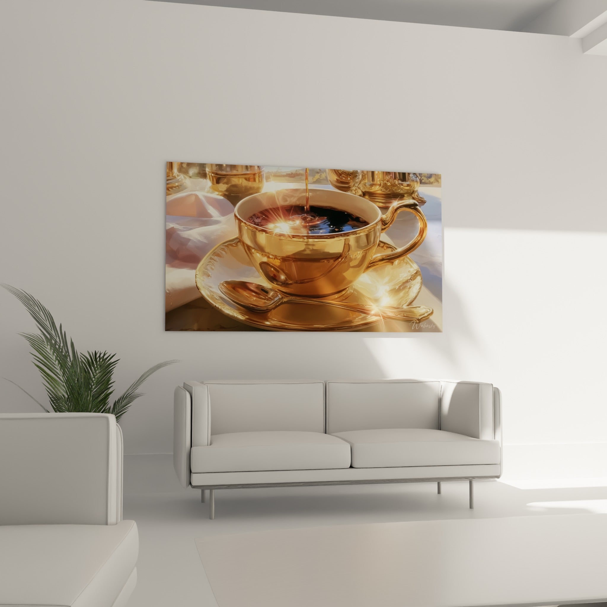 Éclat doré d'une tasse de café entourée de nappe blanche froissée, au-dessus d'un canapé dans un salon lumineux