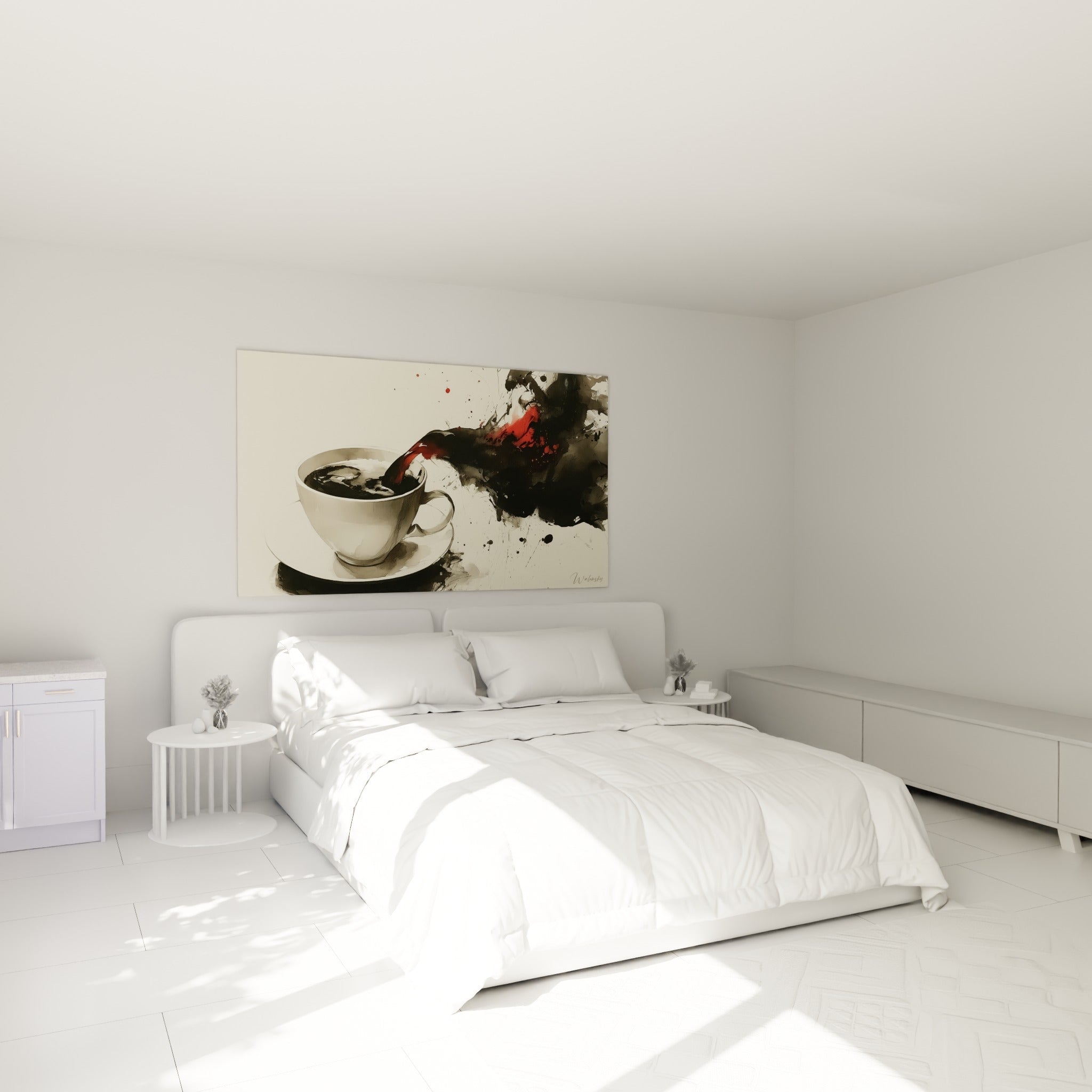 Éclaboussures noires et rouges jaillissant d'une tasse blanche, au-dessus d'un lit dans une chambre claire