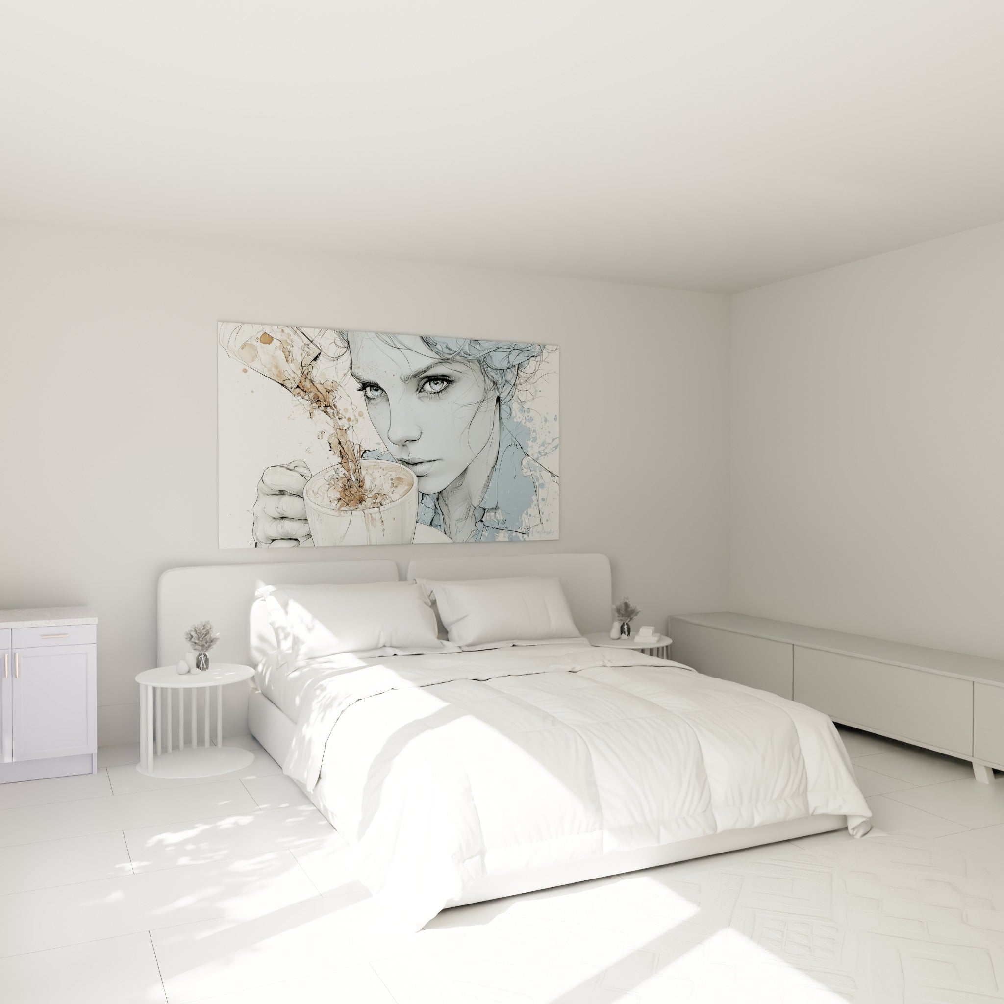 Portrait esquissé aux mèches bleu pastel et café brun renversé, accroché au-dessus d'un lit dans une chambre claire